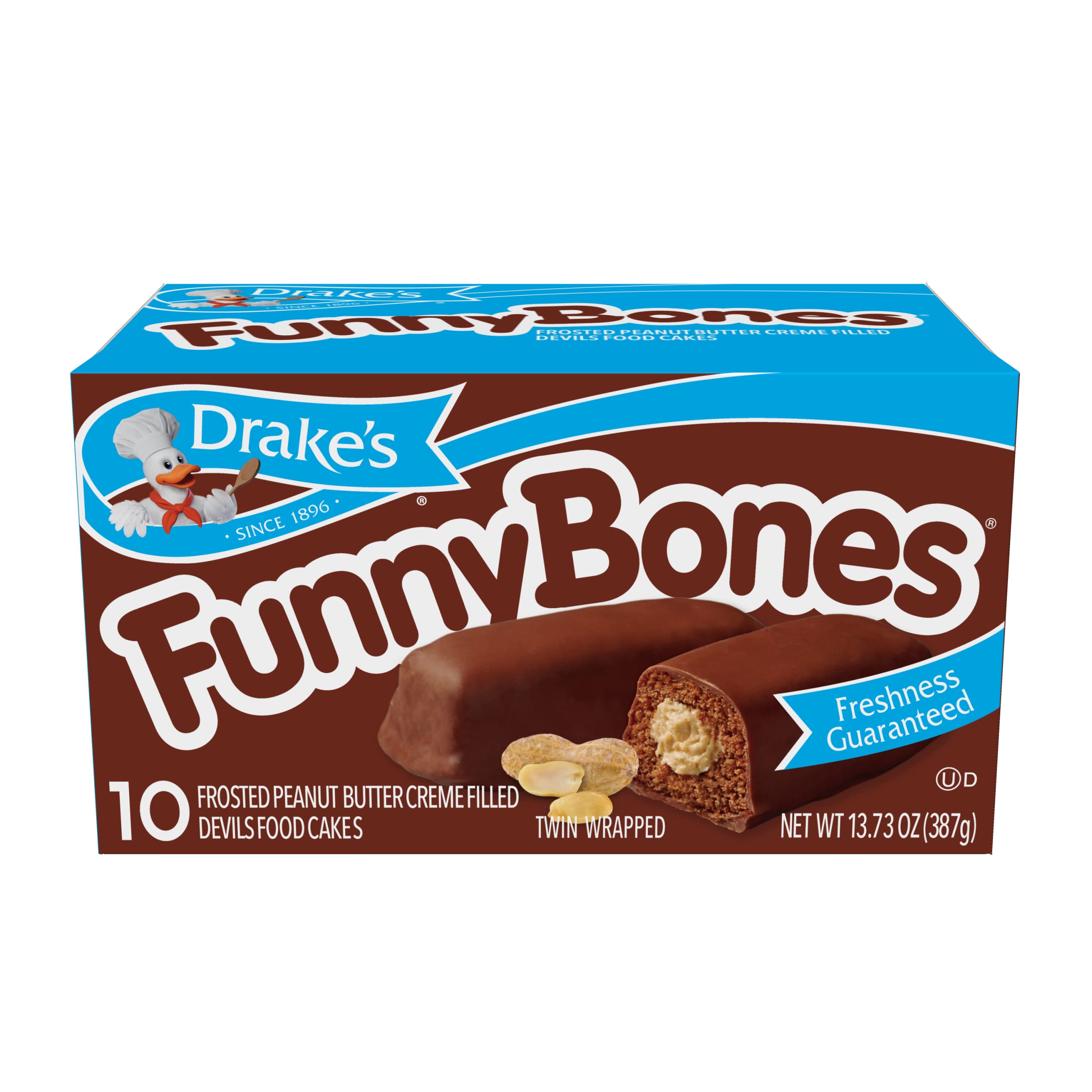 Drake's Funny Bones Devil's Food Cakes - 10 Twin-Wrapped Individually Packed Cakes, 13.73oz Box - Perfect for School Lunches, Office Snacks & Party Treats