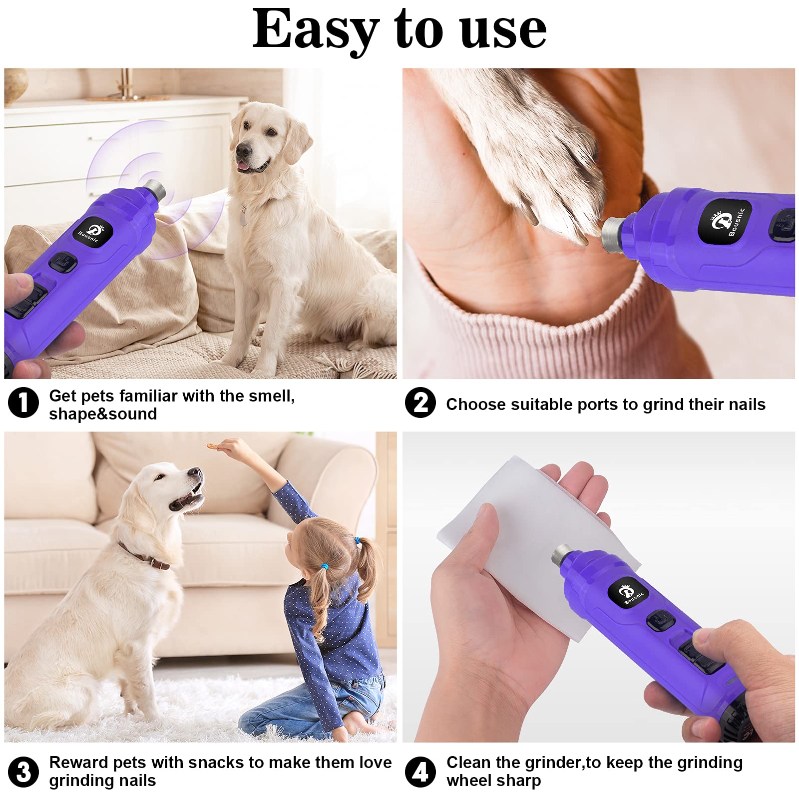 BOUSNIC Super Quiet Dog Nail Grinder with 2 LED Lights - 2-Speed Electric Pet Nail Trimmer for Puppies, Small, Medium & Large Dogs & Cats | Painless Nail Filing for Home Grooming & Vet Visits (Purple)