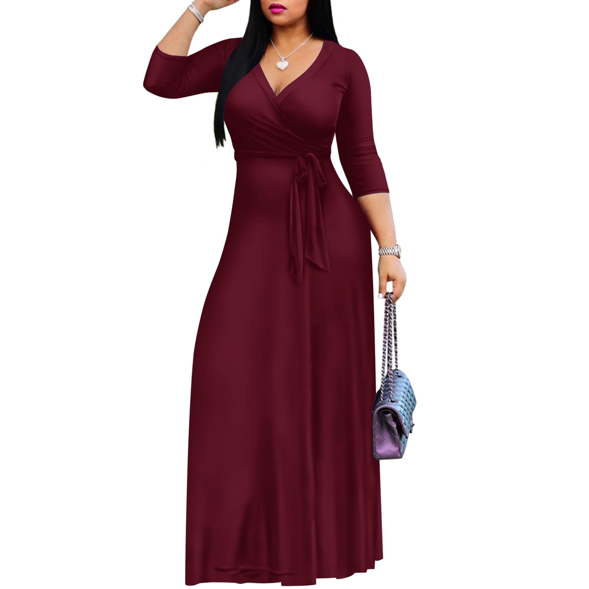 FANDEE Women's 2025 Maxi Dress - Solid Color Bohemian Summer Long Dress with V-Neck & 3/4 Sleeves | Perfect for Beach Vacations, Music Festivals, and Casual Summer Outfits