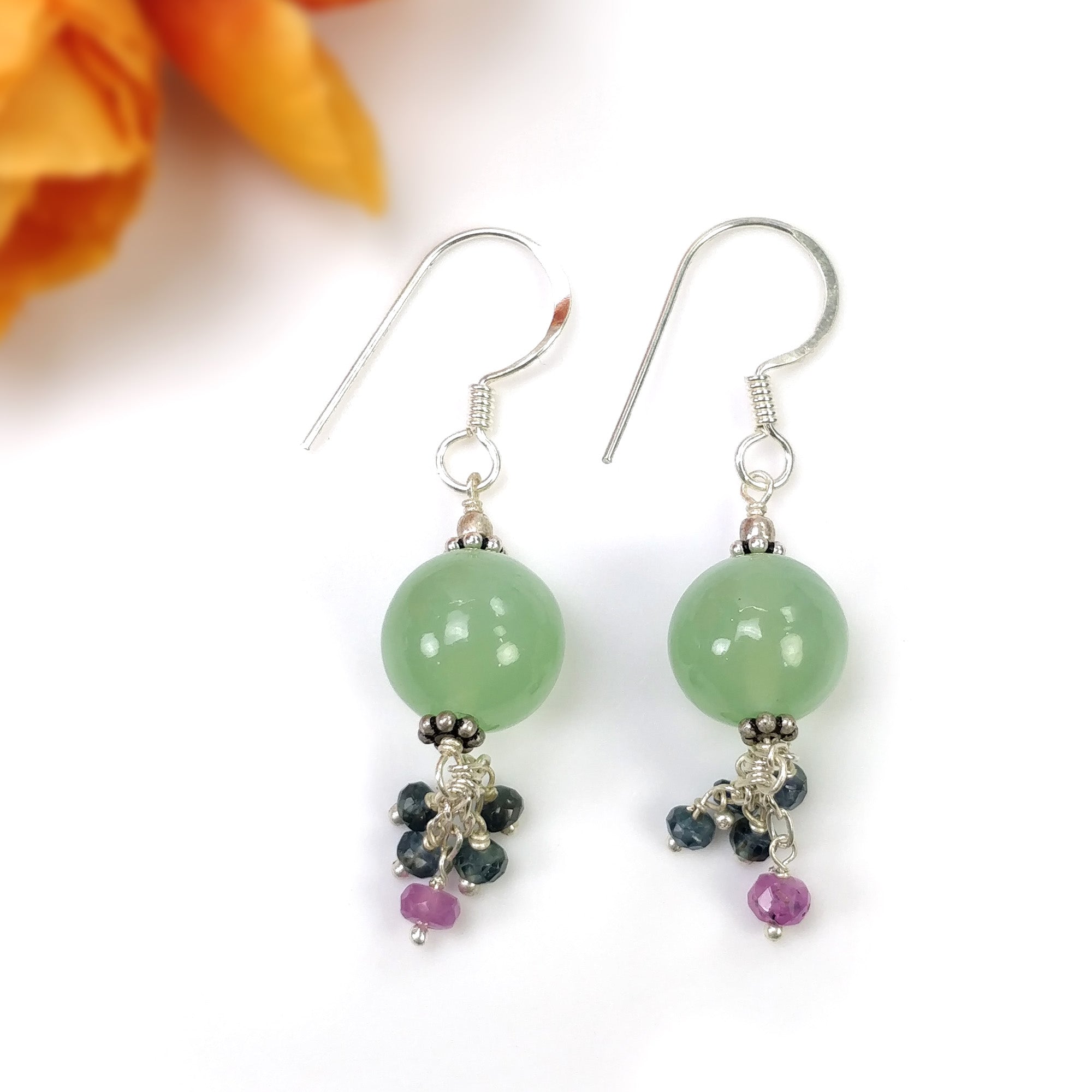 925 Sterling Silver Serpentine Blue Pink Sapphire Gemstone Beaded Drop Dangle Hook Earrings - 5.70gms Natural Stone Jewelry for Women, Gift for Her, Perfect for Parties, Weddings & Special Occasions