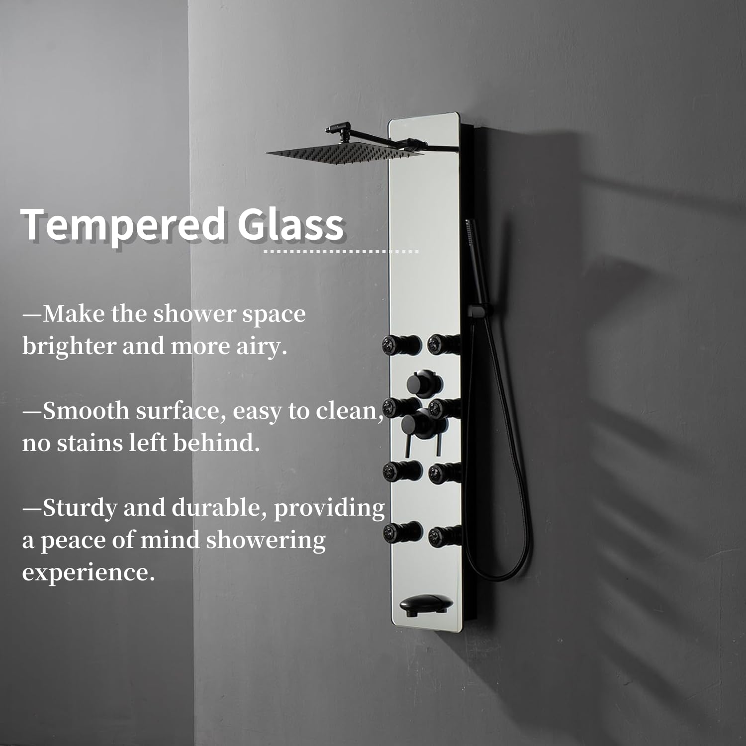 Premium Stainless Steel Black Glass Shower Panel Tower System - 8 Body Massage Jets, Rainfall Shower Head & Tub Spout - Luxury Bathroom Upgrade for Spa-Like Experience