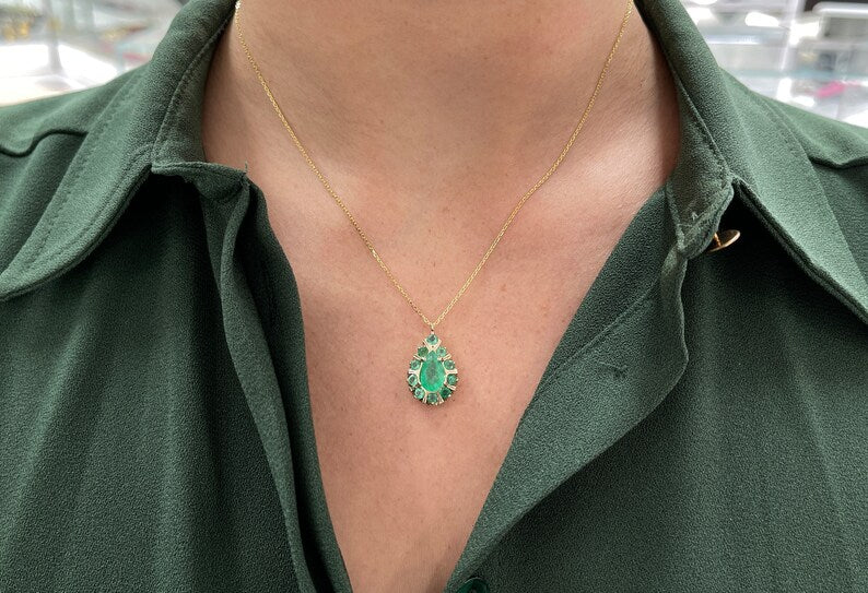2.68tcw 14K Gold Colombian Emerald Pear & Round Cut Multi Gemstone Prong Pendant Necklace for Women - Elegant Jewelry Gift for Birthday, Anniversary & Special Occasions
