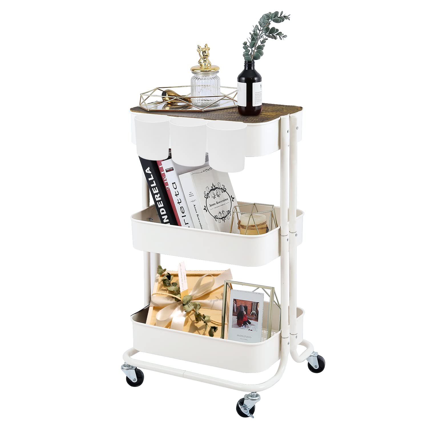 Melody House 3-Tier Metal Rolling Cart with Cover Board - Mobile Storage Organizer for Office, Home & Kitchen - Cream White Utility Cart for Books, Plants & Bathroom Essentials