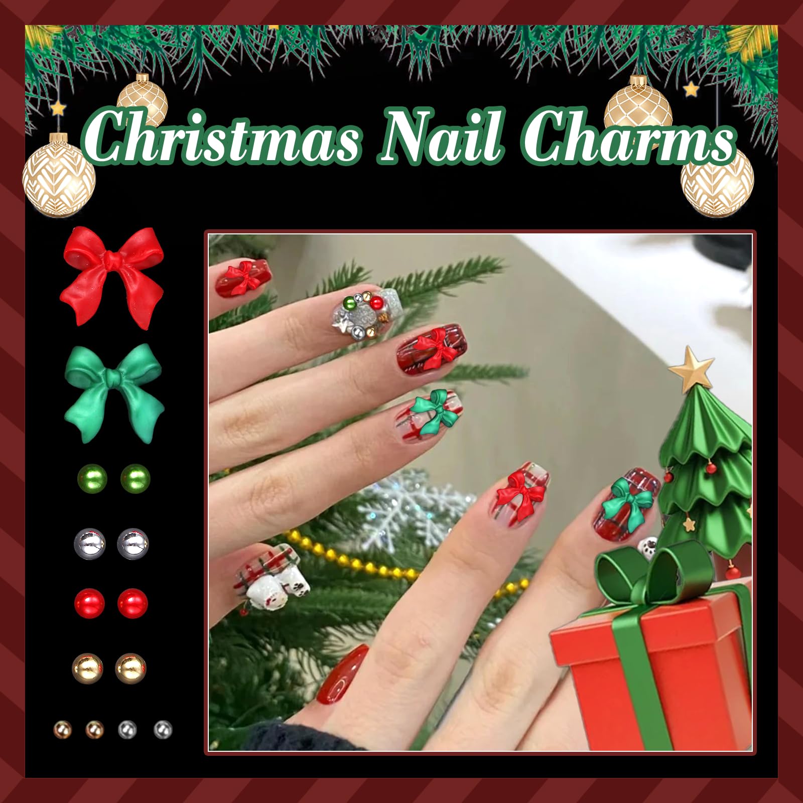 3D Red Bow Nail Charms & Pearls - Silver Gold Nail Caviar Beads, Star Moon Rivet Gems for DIY Nail Art Design | Perfect for Manicures, Salon Nail Decorations & Gift Giving