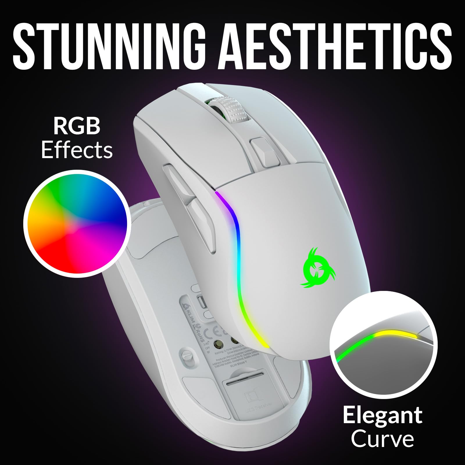 KLIM Blaze Y RGB Rechargeable Wireless Gaming Mouse with Charging Dock - 6000 DPI High-Precision Sensor, Long Battery Life - Wired/Wireless PC Gaming Mouse (White) - Perfect for FPS, MMO & Office Work