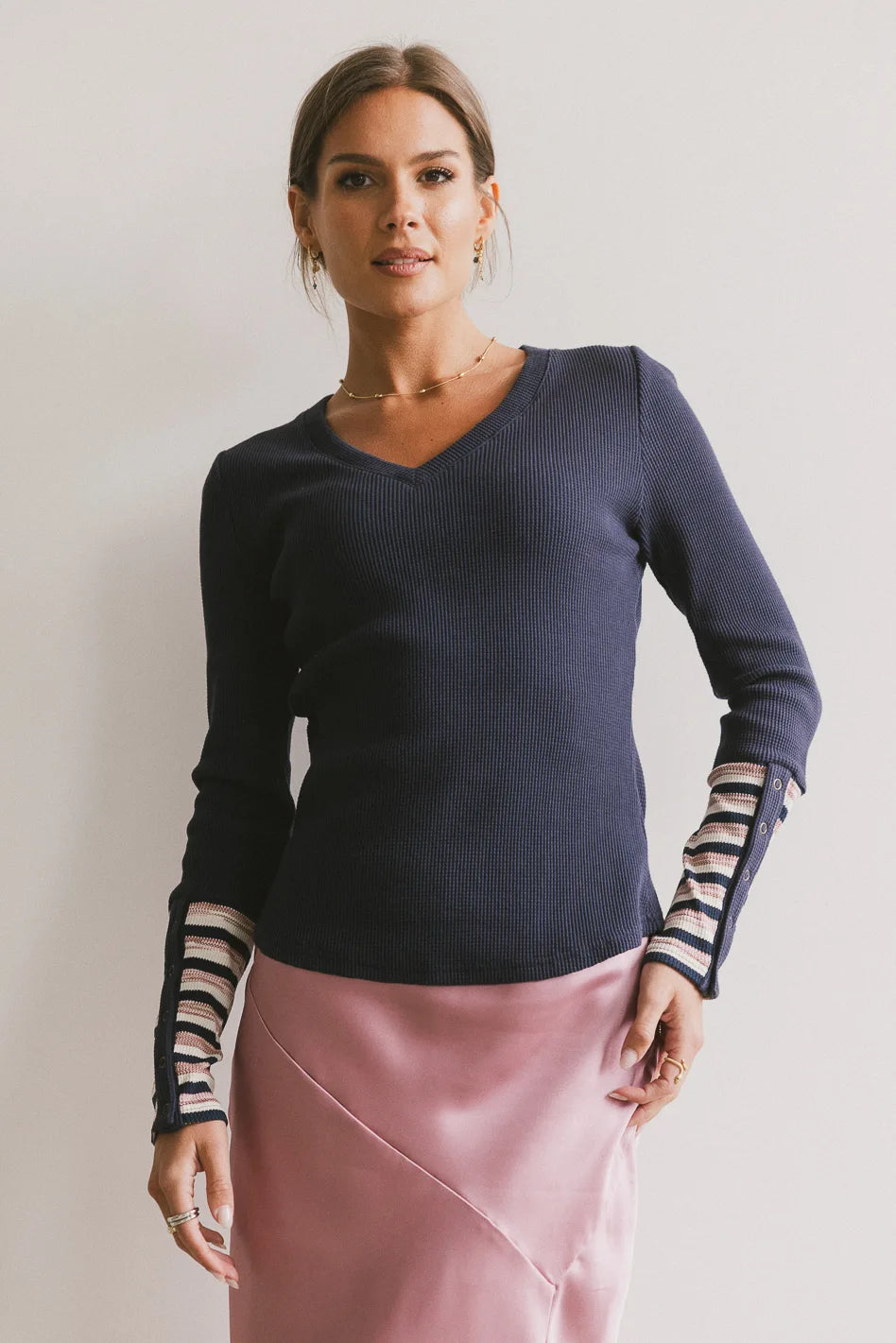 Ashton Waffle Knit Women's Long Sleeve Top - Soft & Comfortable Navy Blue Sweater for Fall & Winter | Casual Outfit, Layering Piece, Office Wear