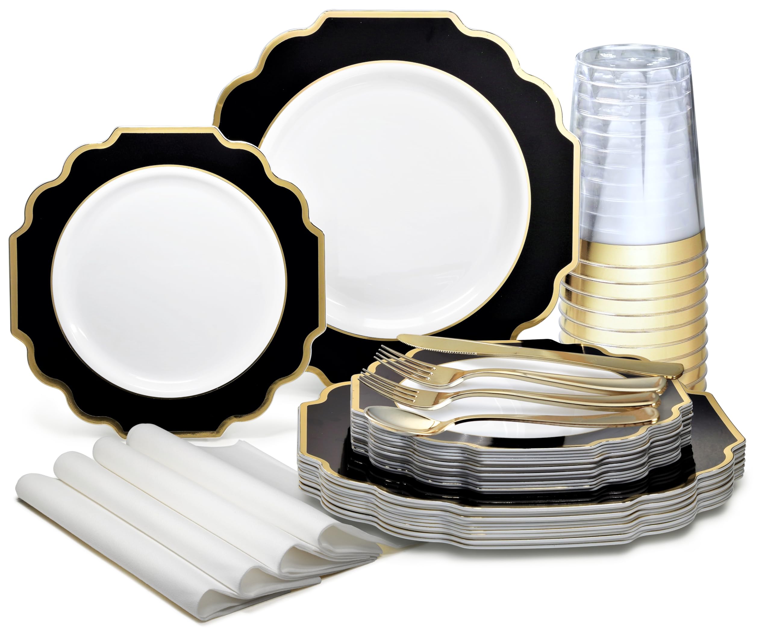 960-Piece Heavyweight Disposable Plastic Plate Set for Weddings & Parties - Includes 120 x 10.5'' Plates, 120 x 8'' Plates, Silverware, Cups & Napkins (White, Black, Gold) - Perfect for Large Events, Catering & Special Occasions