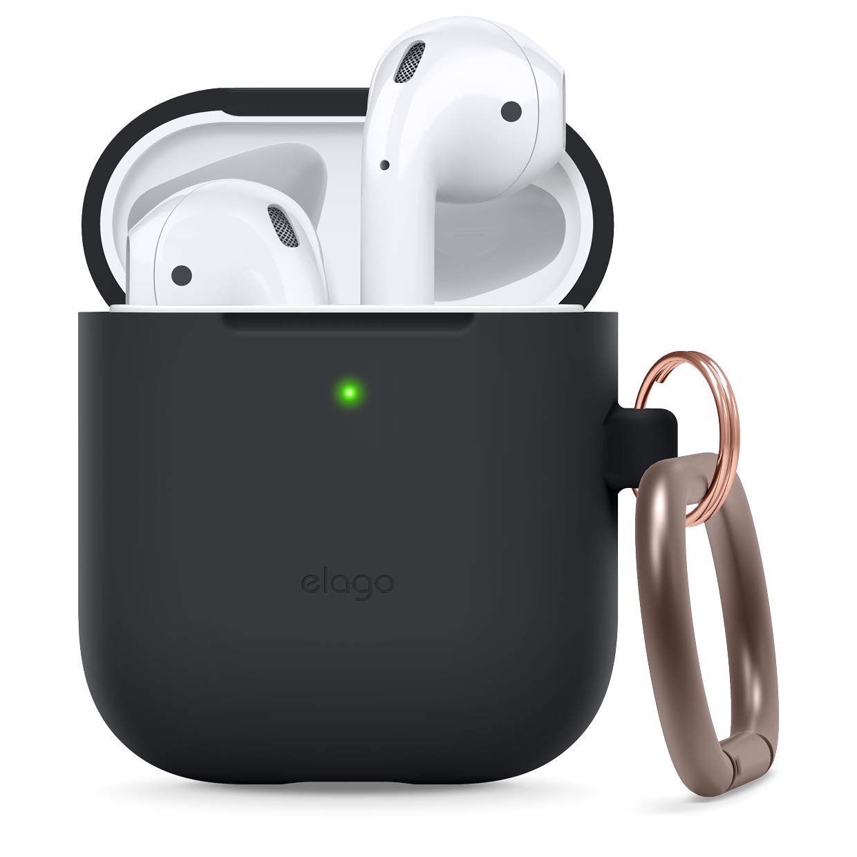 elago Premium Silicone Case with Keychain for Apple AirPods 1 & 2 - Wireless Charging Compatible, Front LED Visible, Protective Cover [Black] - Perfect for Gym, Travel & Everyday Use