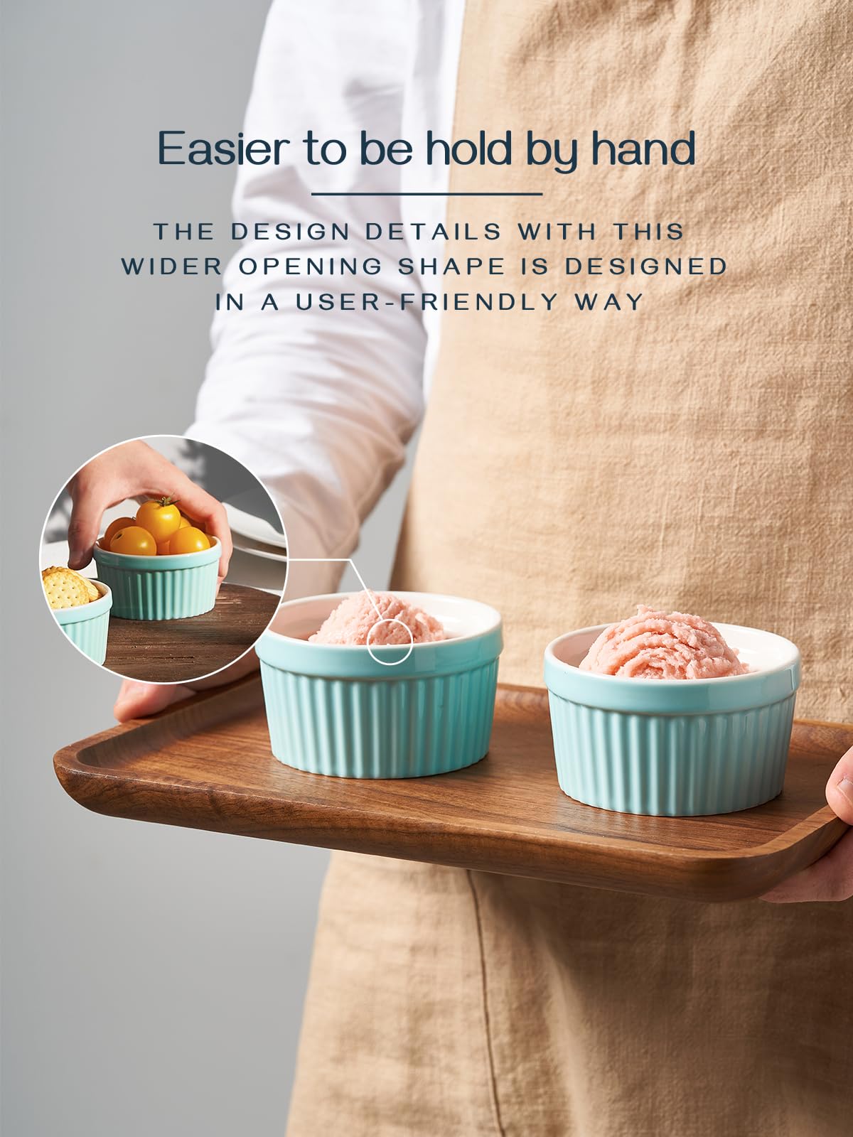 DOWAN 8 oz Porcelain Ramekins Set of 6 - Oven Safe Baking Bowls for Creme Brulee, Souffle, Desserts & Appetizers | Classic Blue Ramekins for Home Baking, Restaurant Use & Party Serving