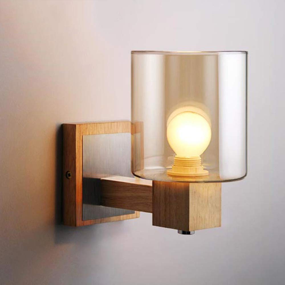 PEHUB Simple Glass Solid Wood Wall Lamp - Creative Rustic Bedside Lighting Fixture with E27 Socket for Living Room, Bedroom, Hallway - Perfect for Cozy Ambiance & Night Reading
