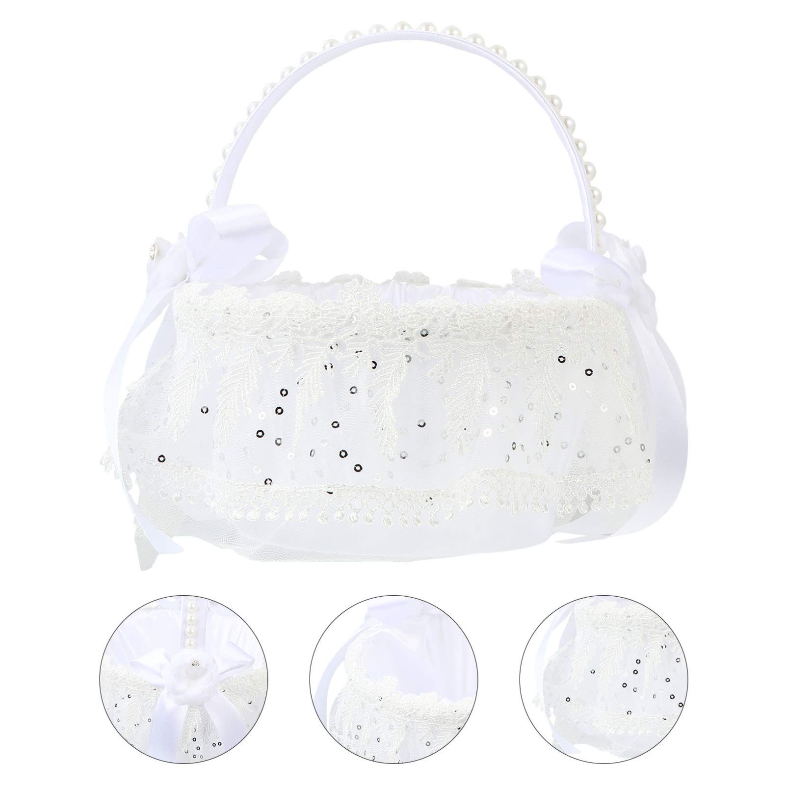 Elegant White Metal Wedding Basket with Lace Rose Sequins & Pearl Handle - 18x18x19cm Round Decorative Basket for Wedding Ceremony, Bridal Shower, Baby Shower & Home Decor
