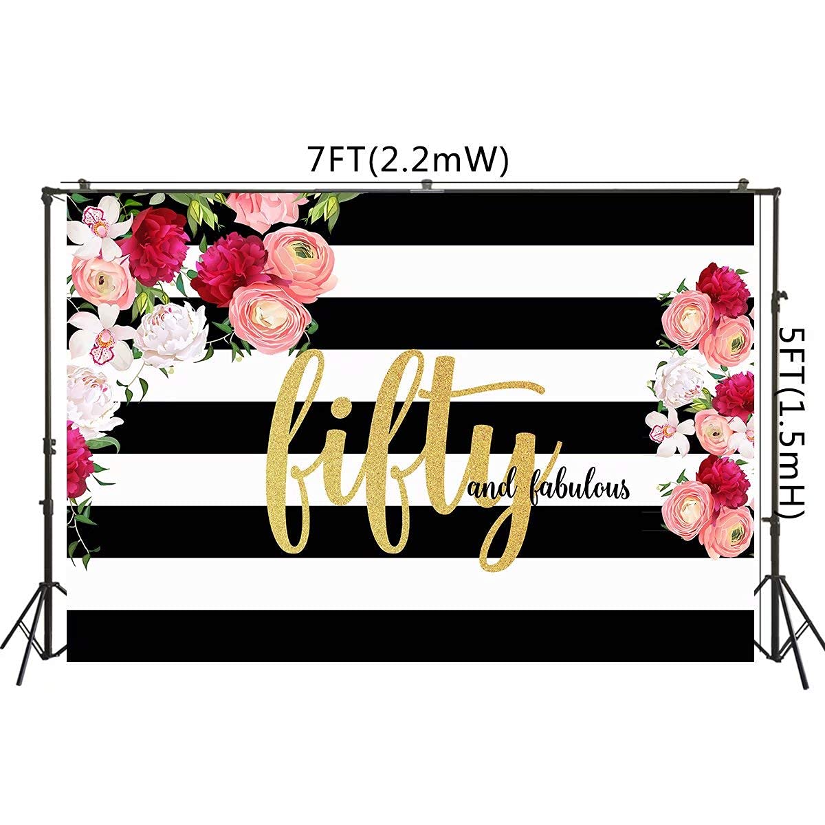 50th Birthday Backdrop - AOSTO Floral Striped Photography Background 7x5ft, Premium Polyester Fabric for Women's 50 Year Old Party Decor, Photo Booth & Milestone Celebrations