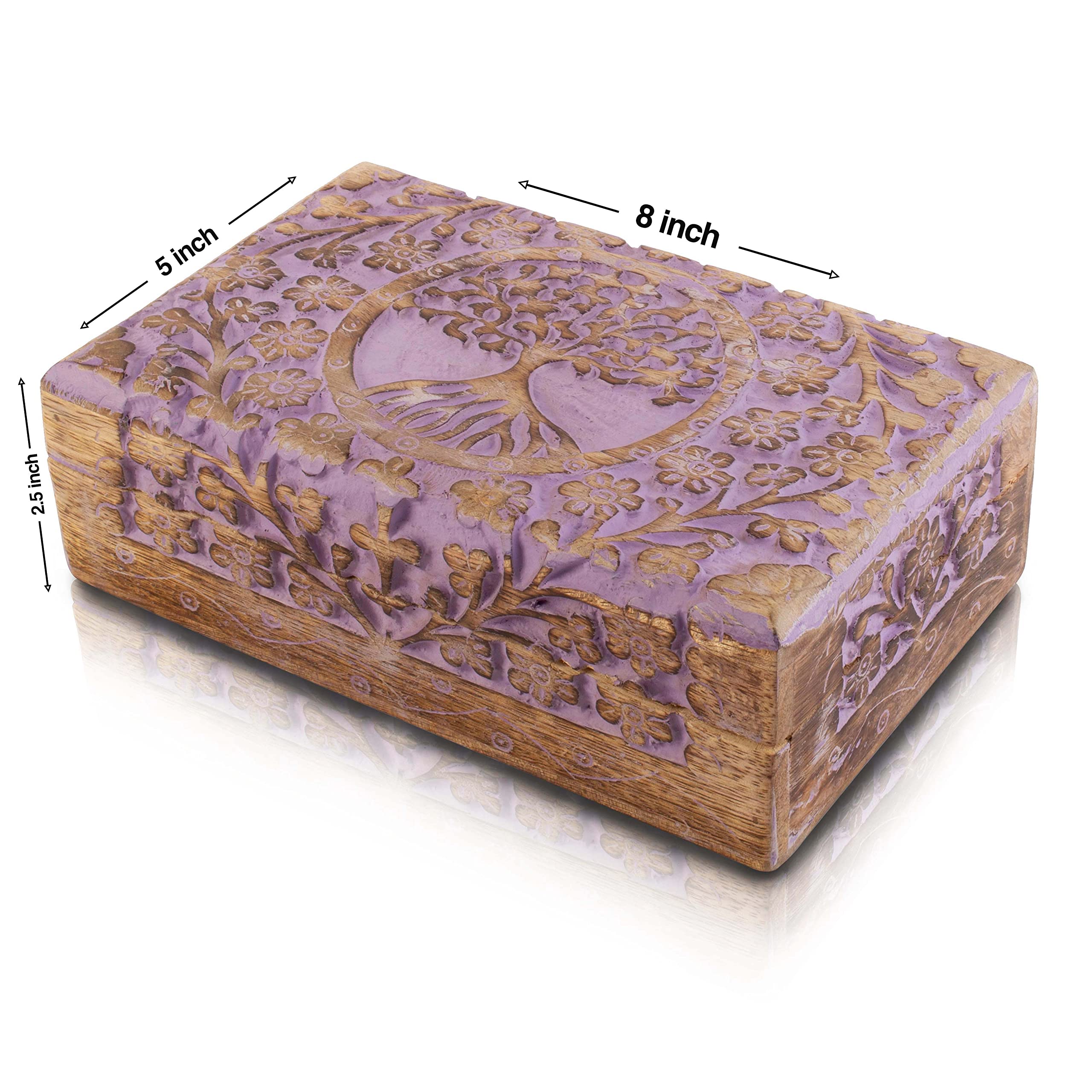 Handmade Wooden Jewelry Box with Tree of Life Carving - Jewelry Organizer, Keepsake Box, Watch Storage & Trinket Holder - Perfect Birthday, Housewarming Gift (Violet) | Ideal for Jewelry Display, Watch Collection & Home Décor
