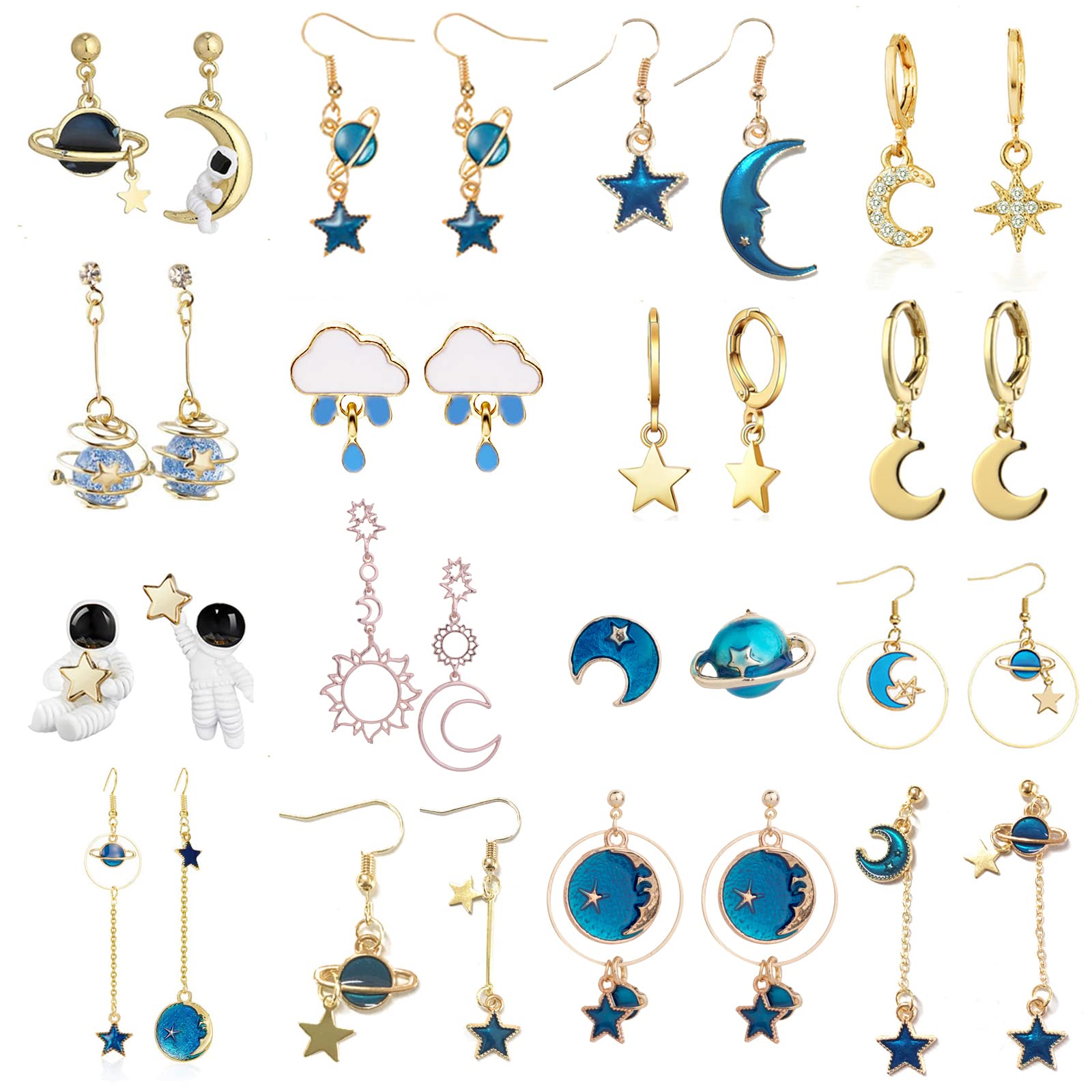 16 Pairs Moon and Star Earrings for Women - Dangle Earth Planet Asymmetrical Drop Earrings - Astronaut Space Stud Jewelry - Perfect for Cosplay, Astronomy Lovers & Unique Gift Giving