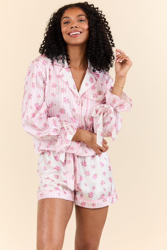 Sleep On My Side Pink Floral Satin Long Sleeve Pajama Top for Women - Soft & Comfortable Sleepwear for Nighttime Relaxation & Cozy Bedtime