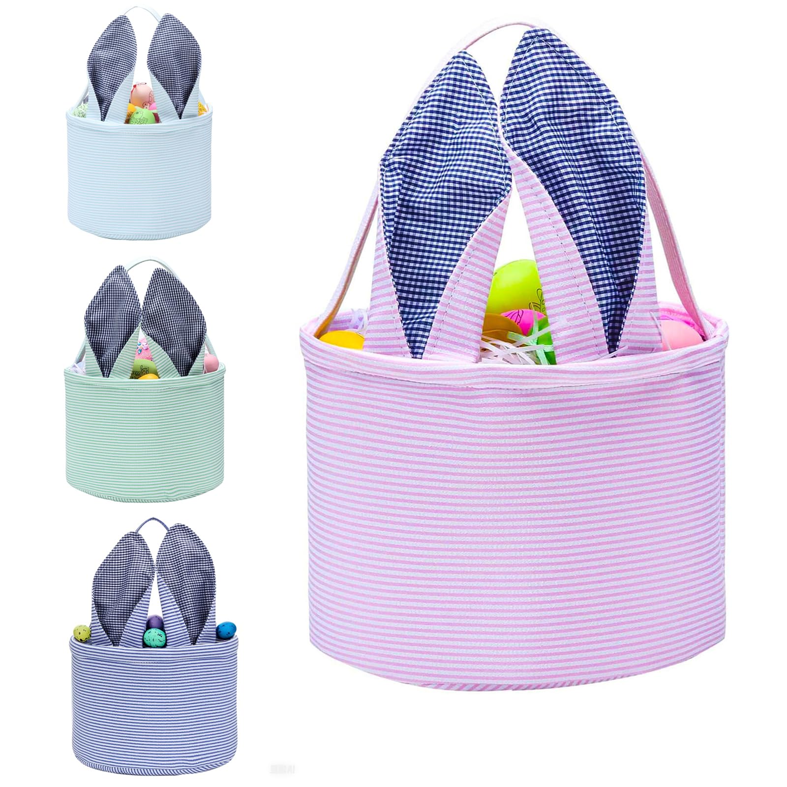 Personalized Easter Bunny Basket Seersucker Egg Bags for Kids - Fluffy Tail Candy Gift Buckets for Boys & Girls - Perfect for Easter Egg Hunts, Party Favors & Spring Celebrations (Pink)