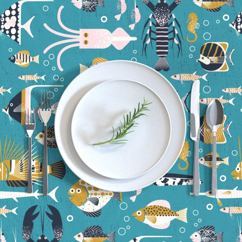 Custom Blue Turquoise Fish Seahorse Ocean Print Cotton Sateen Tablecloth 70x90 Inches - Perfect for Beach Themed Dining, Coastal Decor & Summer Dinner Parties