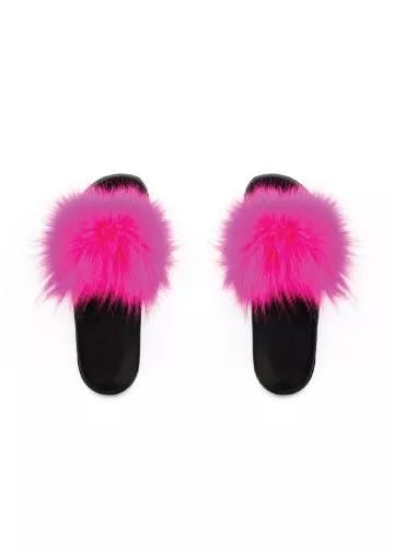 Women's Faux Fur Slides - Soft Plush Hot Pink House Slippers for Indoor Comfort & Cozy Loungewear