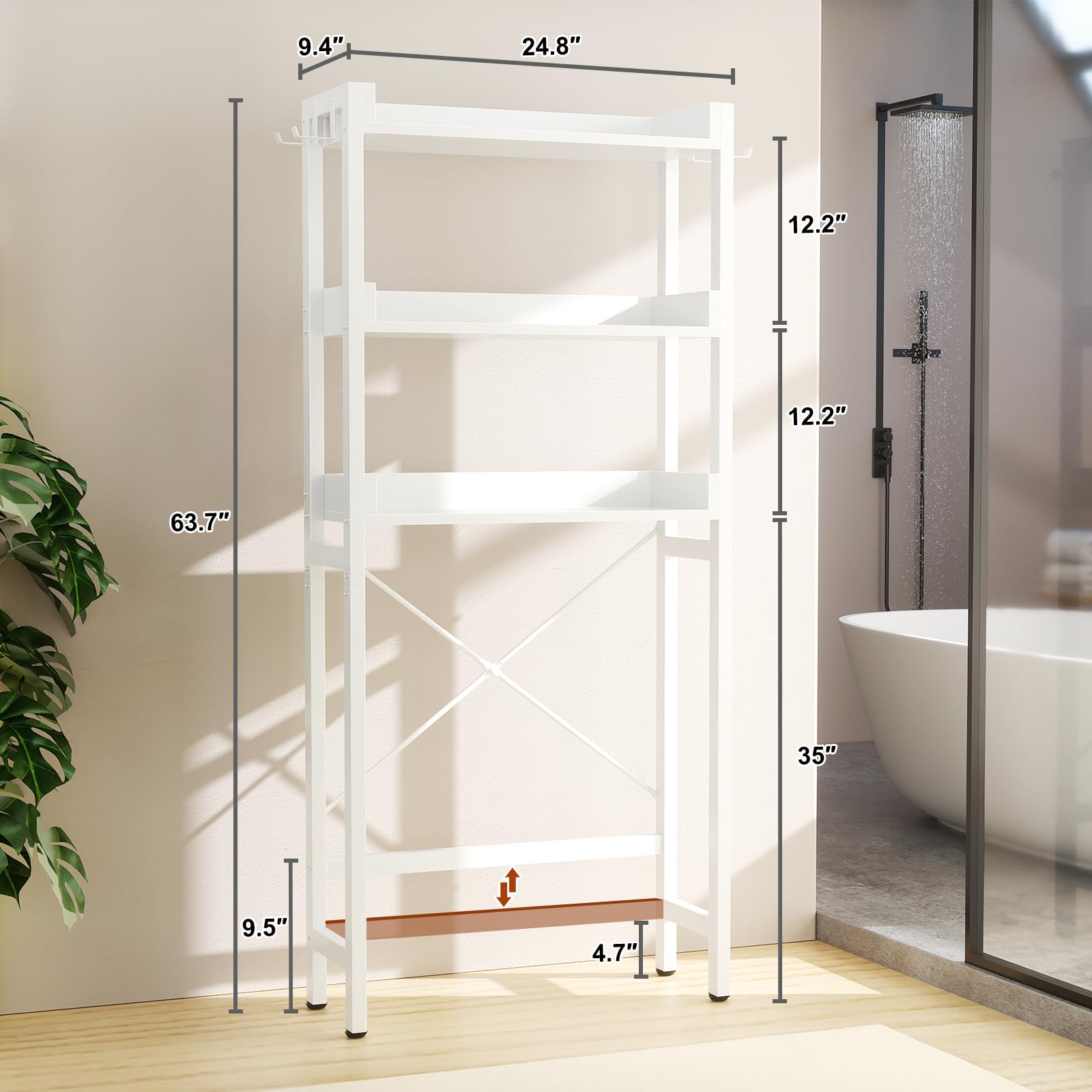 EcoPrsio 3-Tier Over The Toilet Storage Shelf - Freestanding Bathroom Organizer with 4 Hooks, White Space Saver - Perfect for Small Bathrooms, Apartments & Dorm Rooms