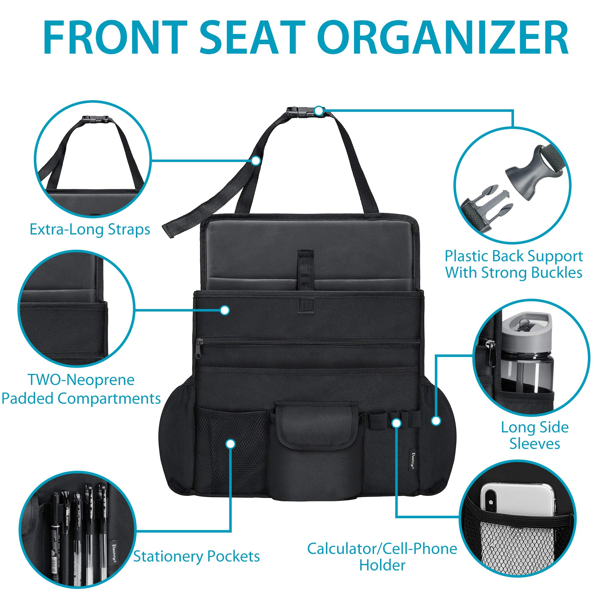 Elantrip Car Front Seat Organizer with Adjustable Straps - Back Seat Storage for Delivery Drivers, Office Files & Passenger Seat - Perfect for Truck, SUV & Sedan Organization While Driving