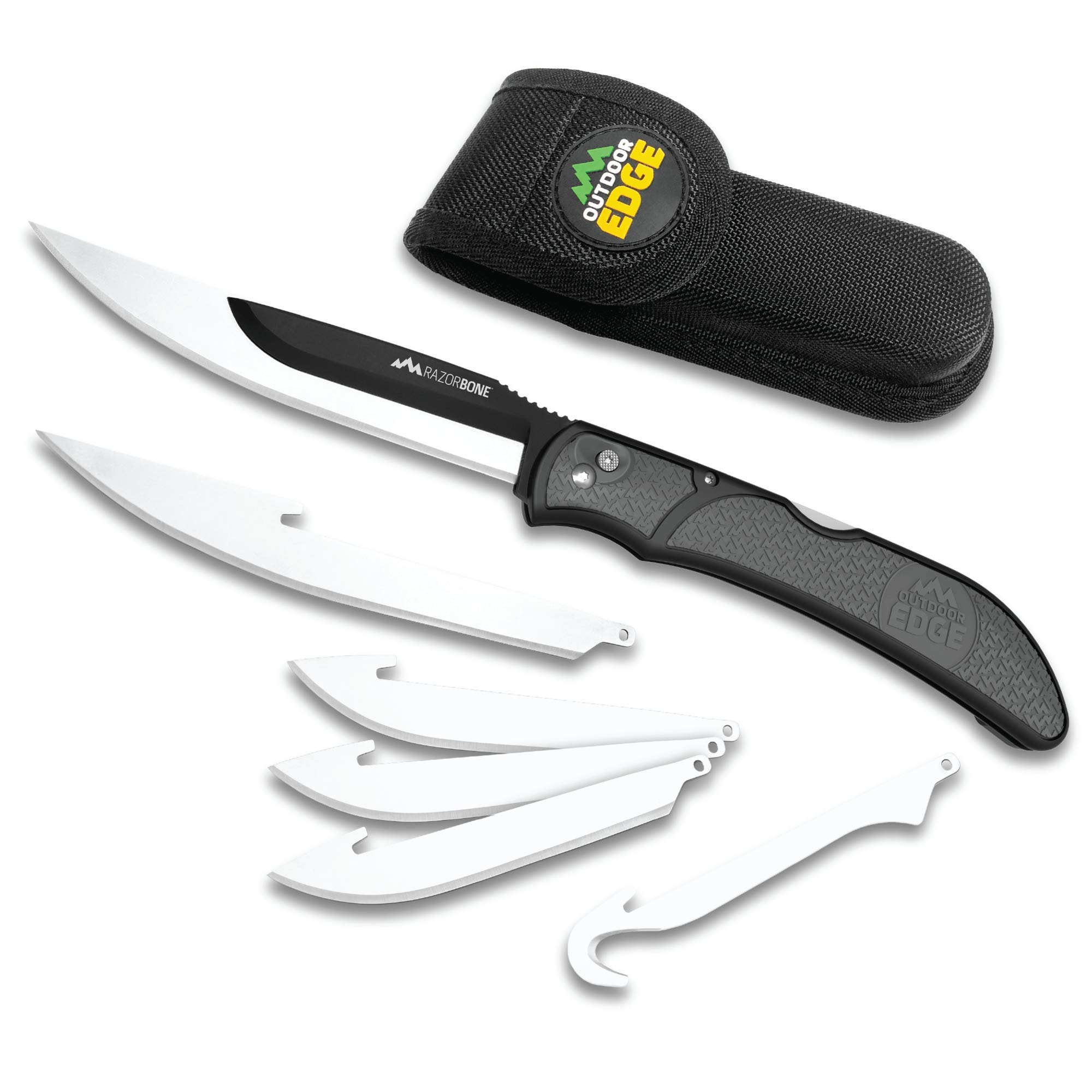 Outdoor Edge RazorBone Replaceable Blade Folding Hunting Knife with Clip & Sheath - 3 Blade Styles (Boning, Gutting, Skinning) - Includes 6 Blades, Blade Box & Camo Sheath - Perfect for Hunting, Camping & Outdoor Survival