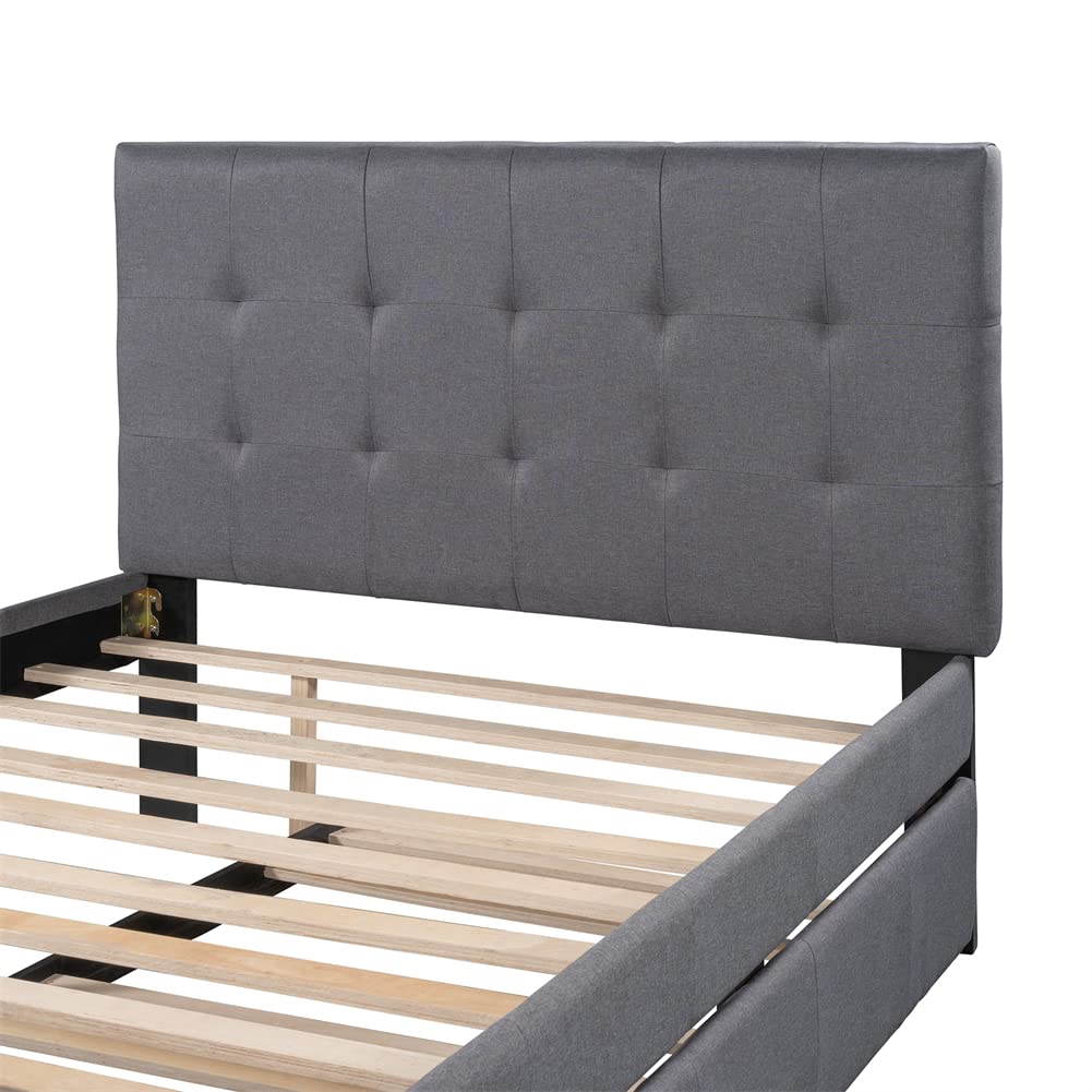 Linen Upholstered Platform Bed Frame with Trundle - Full Size Pine Wood Bed with Button Tufted Headboard, Grey Modern Bedroom Furniture for Small Spaces & Guest Rooms
