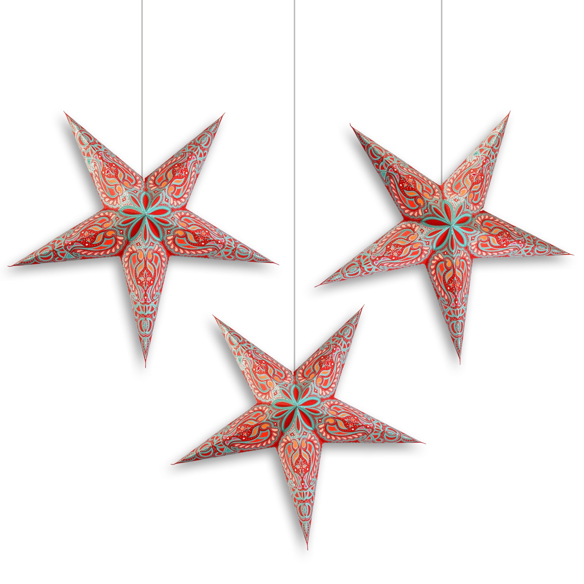 3 Pack 24 Inch Red Paper Star Lanterns with Triple Pendant Lights - Stellar Bloom Decorative Hanging Lantern Kit for Home, Party, Wedding & Outdoor Decor