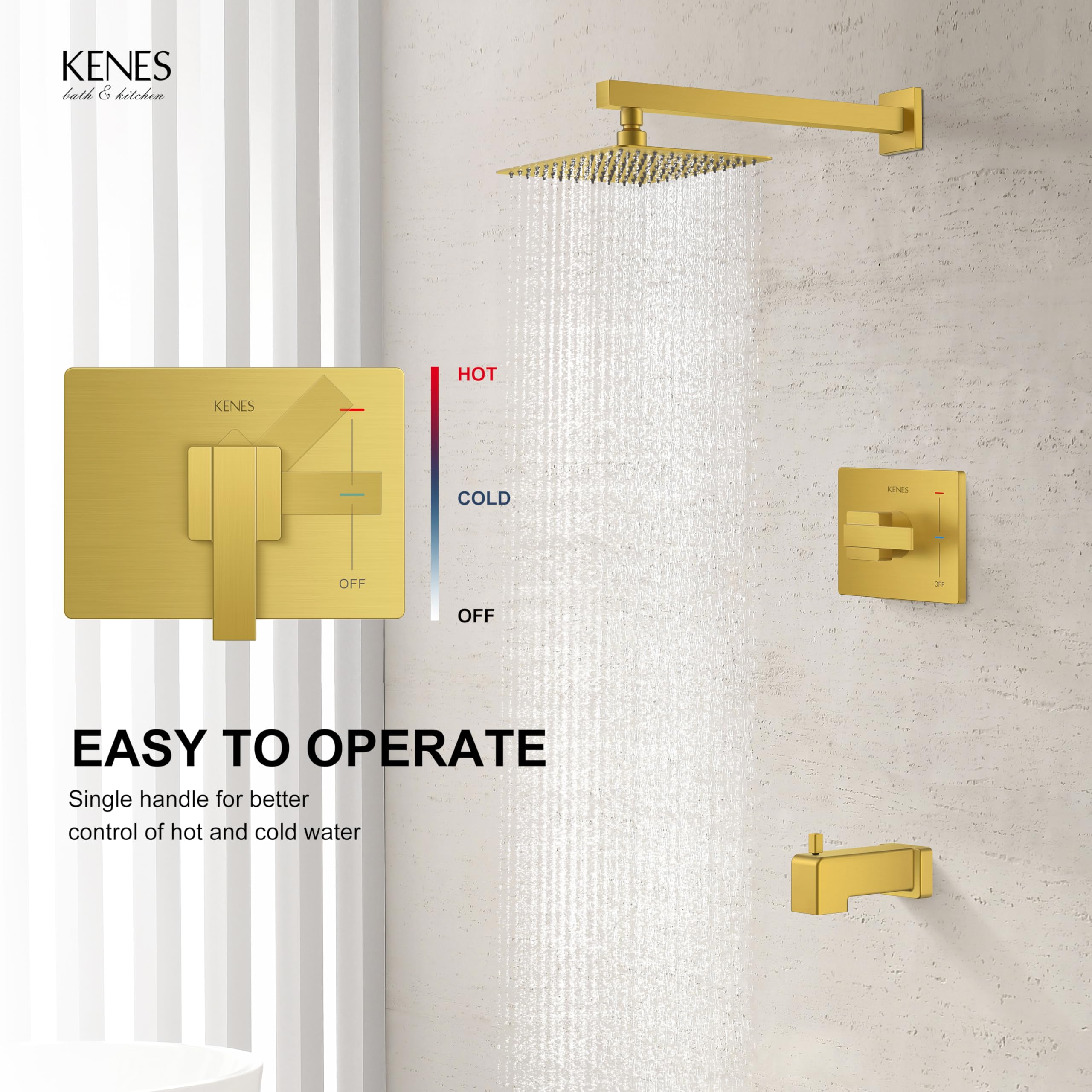 Premium Brushed Gold Shower Faucet Set - Modern Square Tub & Shower Trim Kit with Single-Spray Shower Head & Included Valve (KE-6024A-4) | Perfect for Bathroom Renovation & Luxury Spa Experience