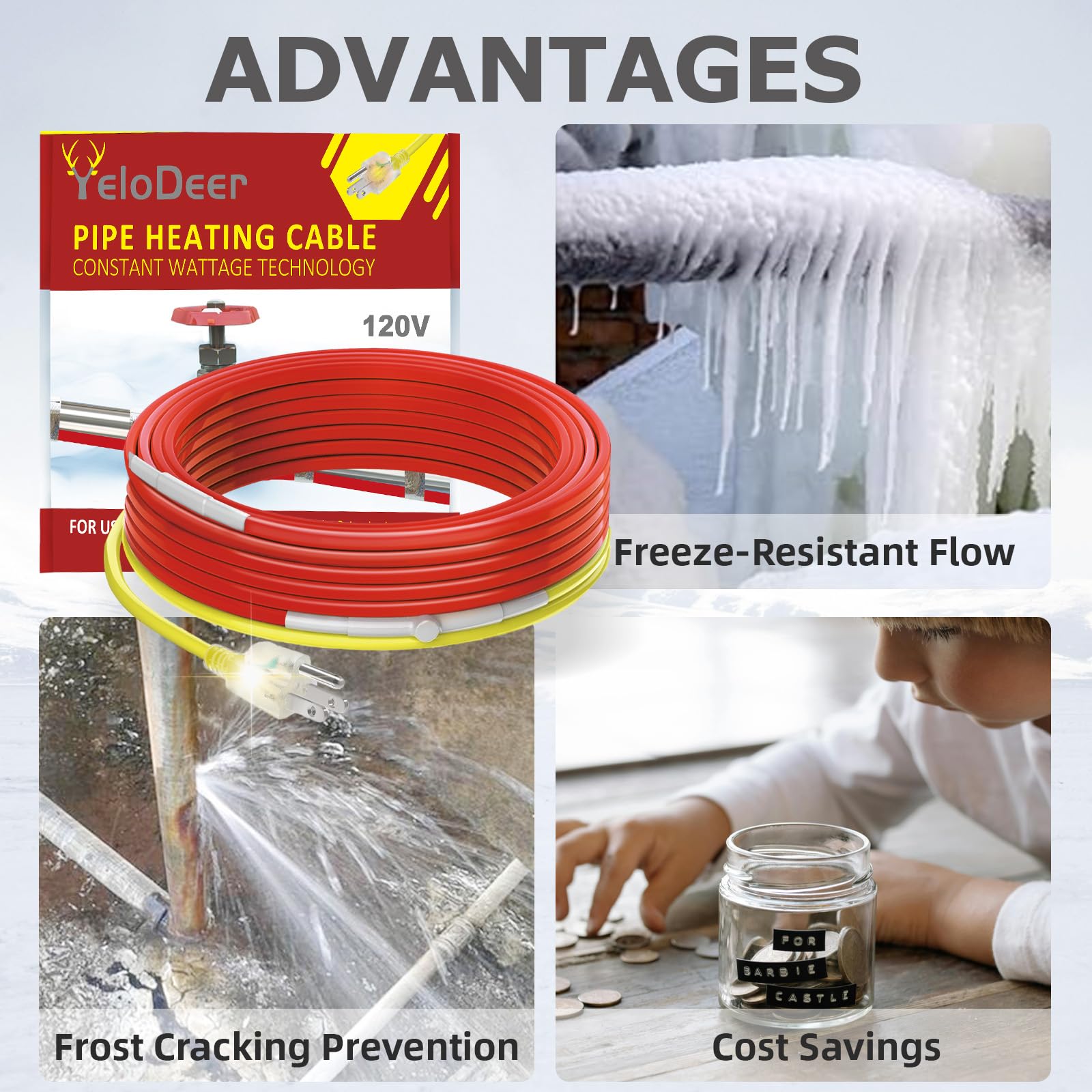 28 FT Self-Regulating Heat Cable for Pipe Freeze Protection - YeloDeer Water Pipe Heating System with Built-in Thermostat | Pre-Assembled Heat Tape for Outdoor/Indoor Pipes (120V) | Prevents Frozen Pipes in Winter, Ideal for Basements, Crawl Spaces & RV Water Lines