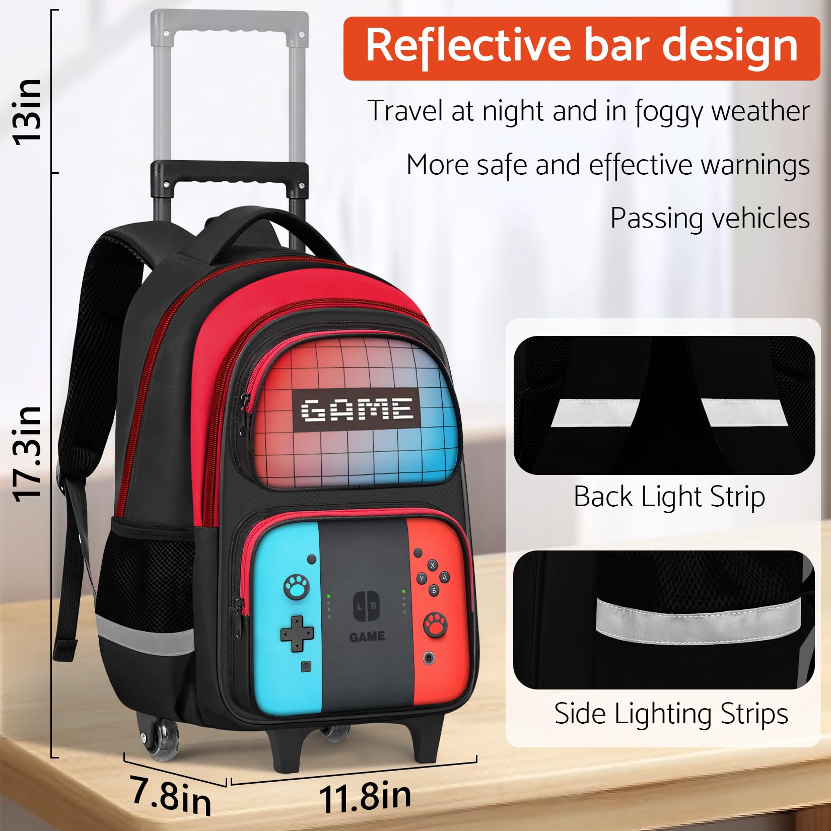 Gamer Kids Rolling Backpack with Wheels for Boys Aged 6-18 - Lightweight Wheeled School Bookbag for Elementary & Middle School Students - Durable Travel Backpack for School, Gaming Conventions & Daily Commute