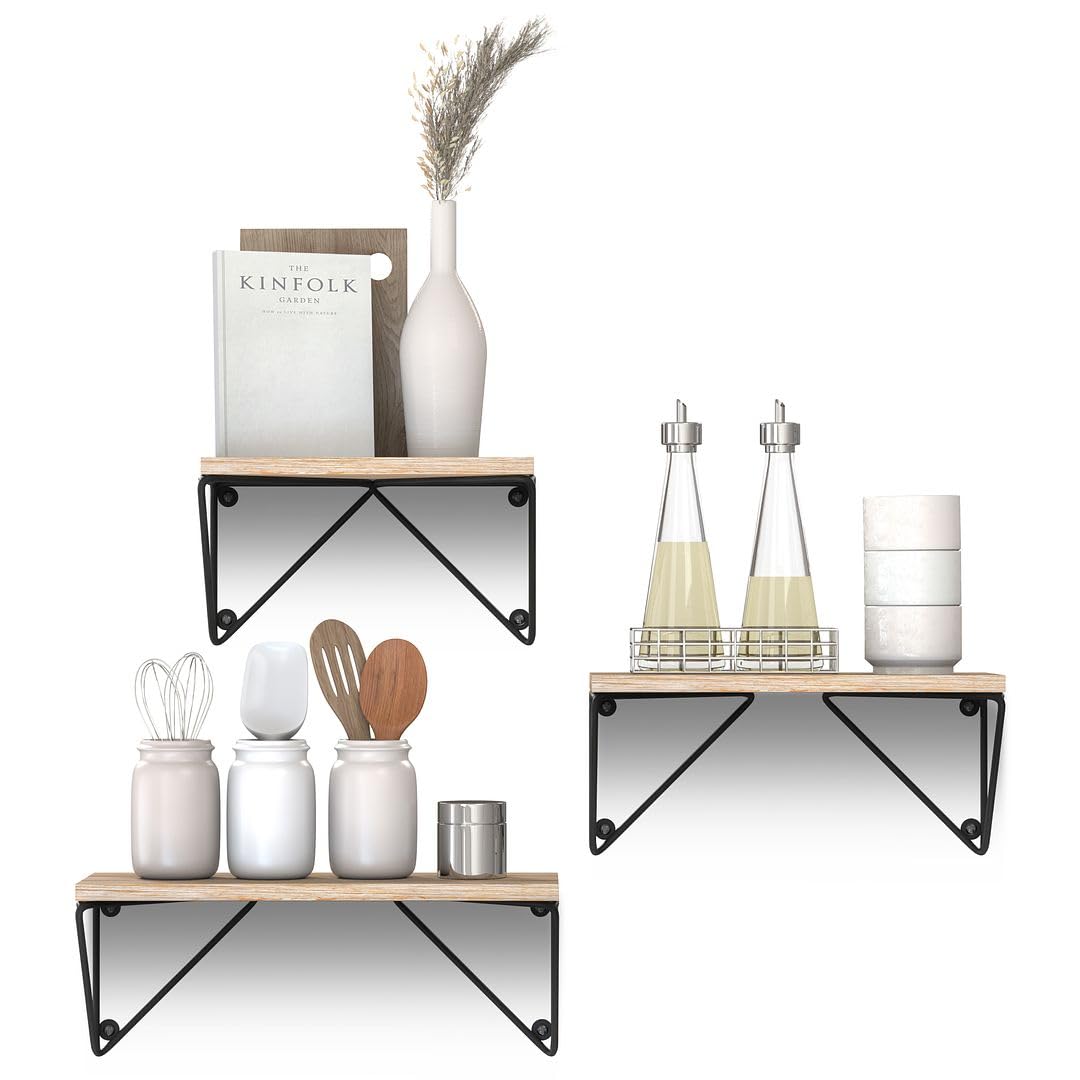 Rustic Floating Wall Shelves Set of 3 - Natural Wood Wall Mounted Shelves with Prism Brackets for Bedroom, Living Room, Kitchen & Bathroom Decor | Perfect for Books, Plants & Home Organization