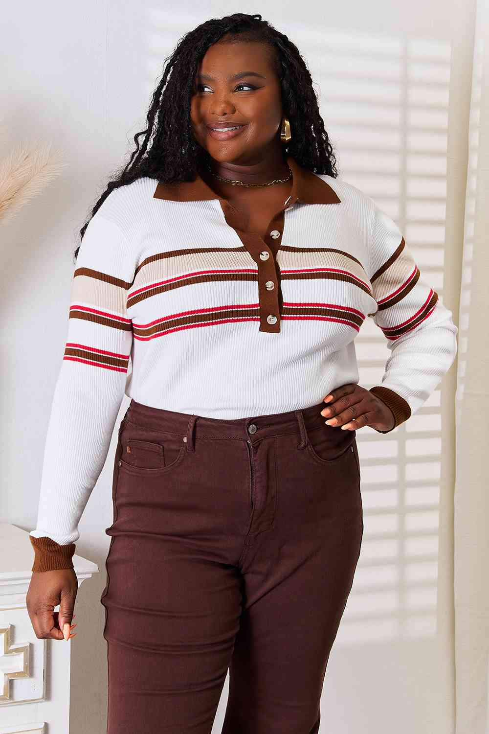 Beige Striped Collar Rib Knit Top for Women - Casual Long Sleeve Shirt for Fall & Winter, Perfect for Office Wear and Weekend Outfits