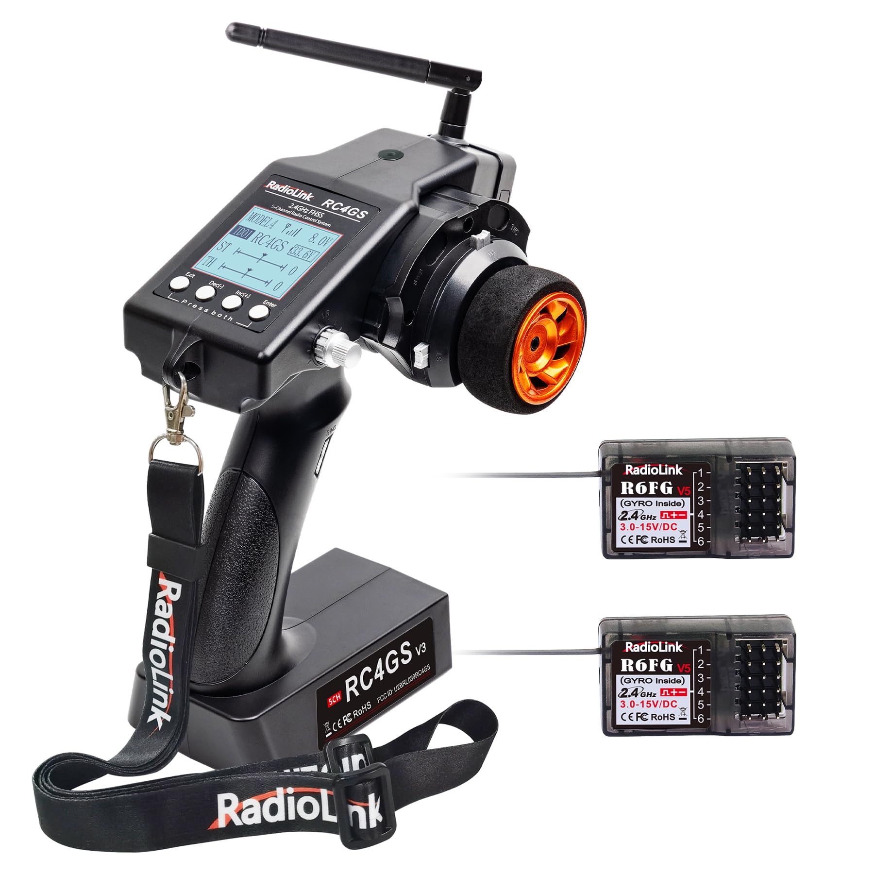 Radiolink RC4GS V3 (Upgraded from V2) 5-Channel 2.4GHz RC Radio Transmitter with Gyro & 2 R6FG Receivers - 400M Remote Control System for RC Cars, Boats, Crawlers, Tanks, Drifting & Buggies | Includes Lanyard for Outdoor Racing & Hobby Use