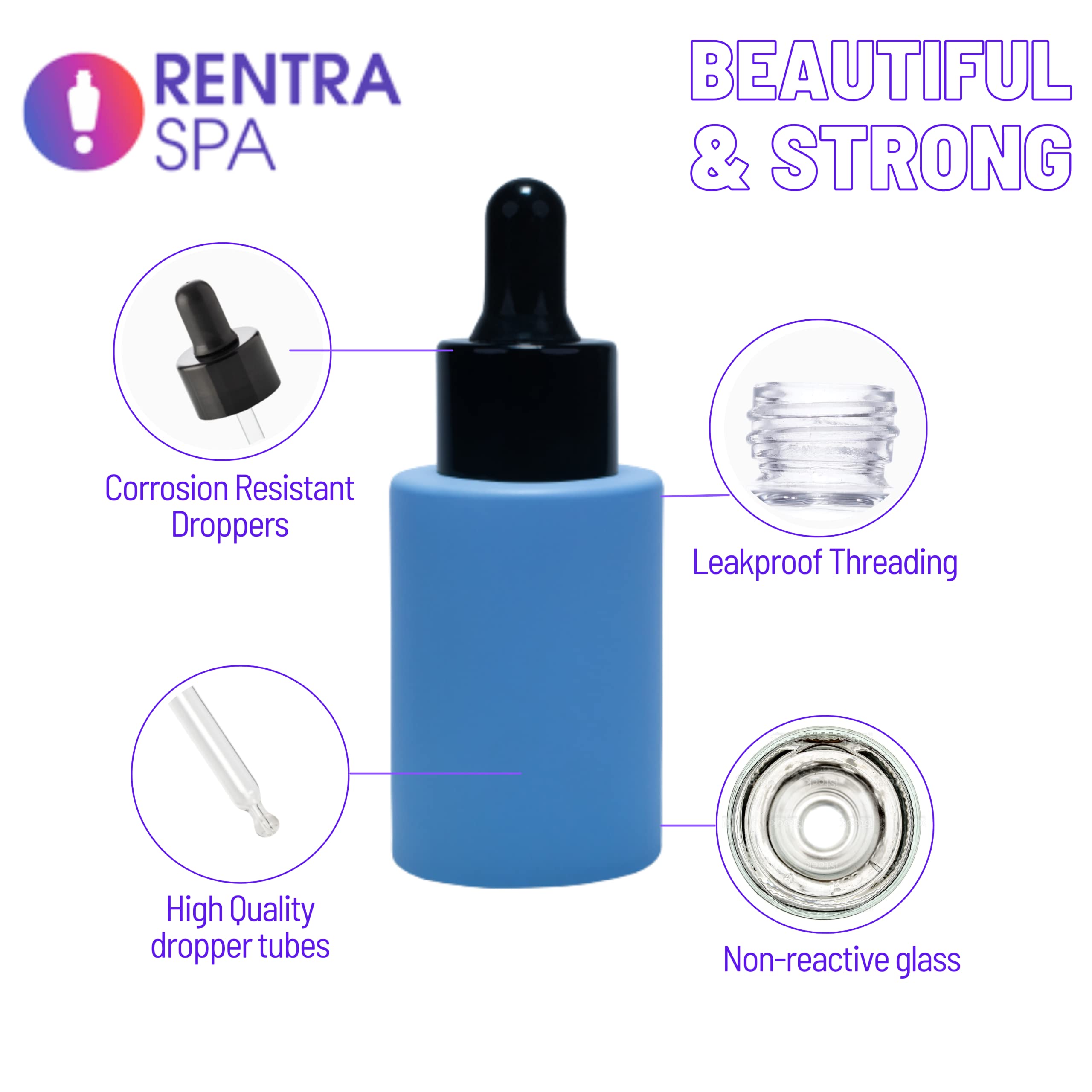 Rentra S.P.A 30ml Matte Sky Blue Glass Bottle Set with Dropper & Black Cap - 3 Pack for Essential Oils, Carrier Oils, DIY Blends, Cosmetics & Serums | Perfect for Aromatherapy, Skincare & Beauty Storage
