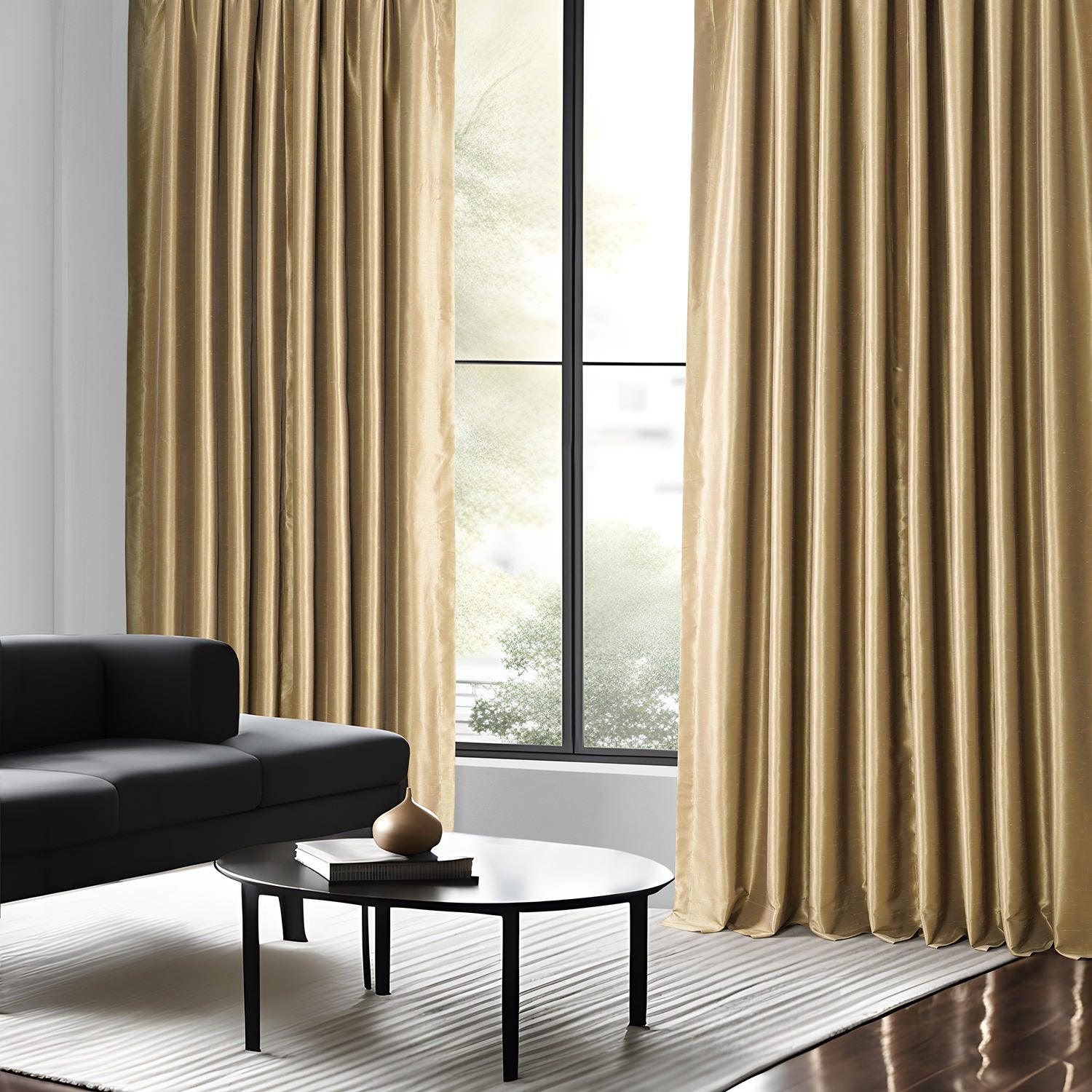 Flax Gold Vintage Textured Faux Dupioni Silk Custom Curtains - Elegant Window Drapes for Living Room, Bedroom & Dining Room Decor