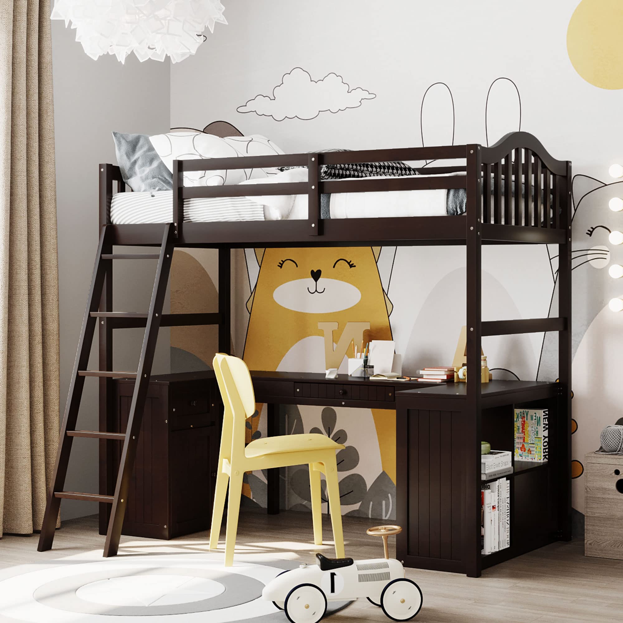 Harper & Bright Designs Wood Twin Size Loft Bed with Drawers, Cabinet, Shelves & Desk - No Box Spring Needed - Espresso Finish - Perfect for Kids & Teens Bedroom, Dorm Room or Small Space Saving Solution