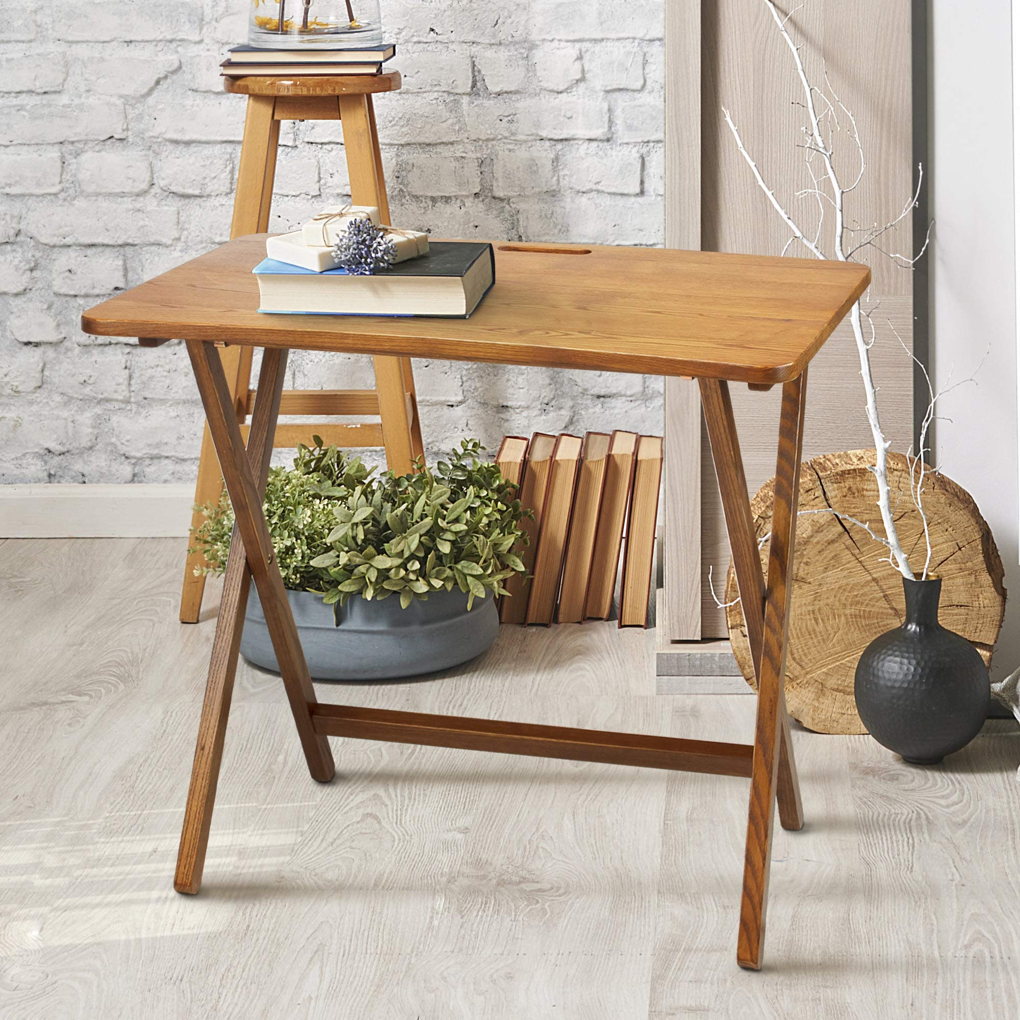 Brown Traditional Rectangle Goosefoot Red Oak Folding TV Tray Table with Hardware Storage - Perfect for Living Room Snacks, Bedroom Breakfast, or Office Workspace