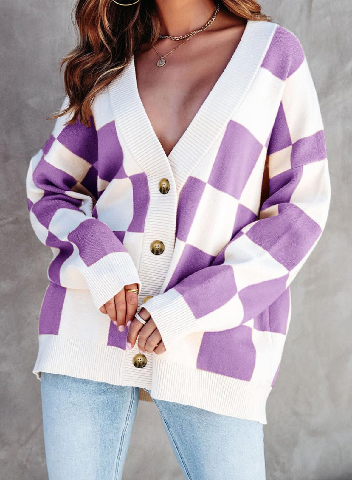 Dokotoo Women's Plaid V-Neck Button Down Long Sleeve Cable Knit Oversized Cardigan Sweater - Cozy Fall & Winter Fashion for Casual Outfits, Office Wear and Layering
