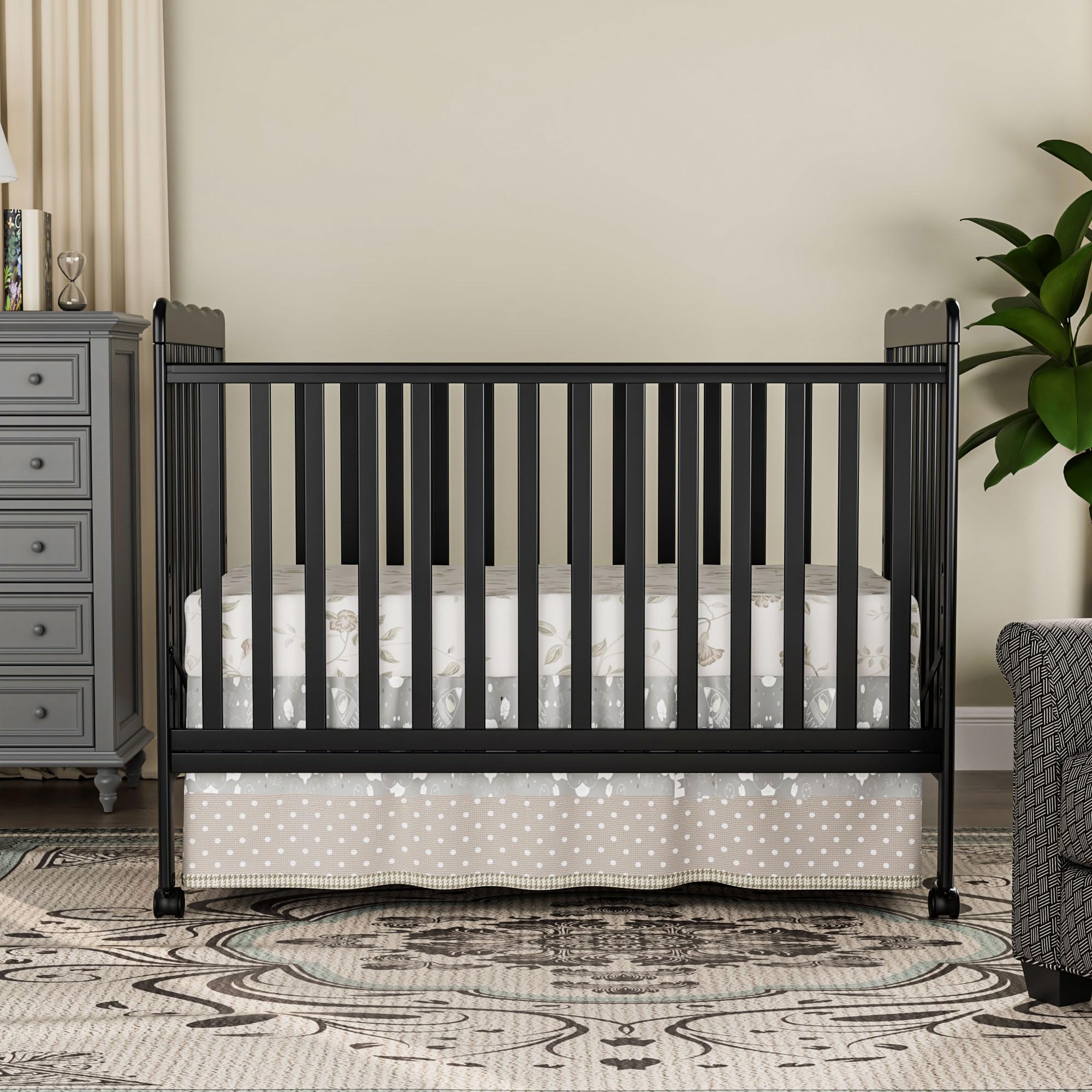 3-in-1 Convertible Baby Crib to Toddler Bed - Full Size Wooden Nursery Furniture with Locking Wheels & Non-Toxic Finish (Black) | Safe & Stylish Sleeping Solution for Newborns, Infants & Toddlers | Perfect for Daycare Centers & Home Nurseries