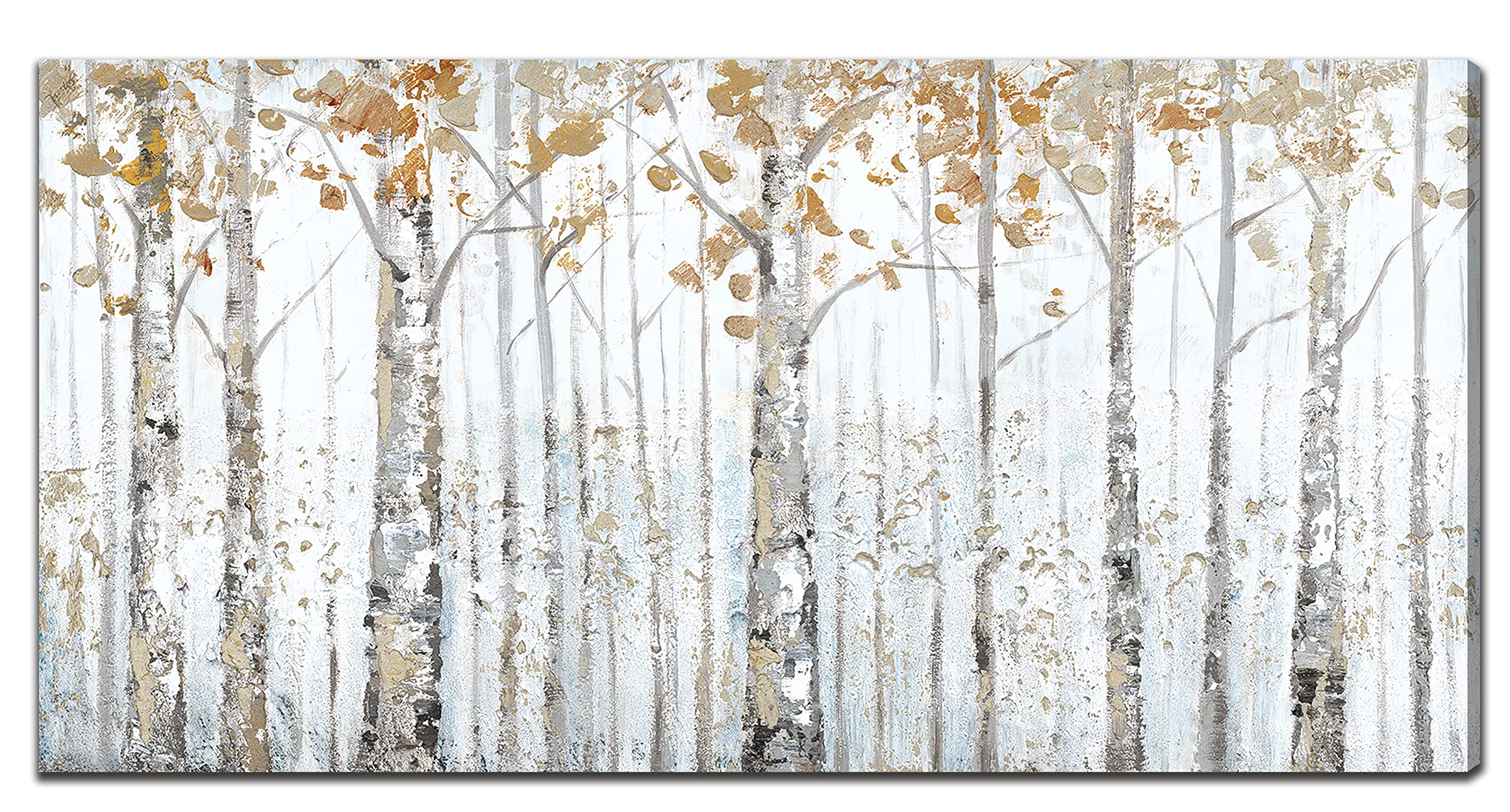 MATYBATE Hand Painted 3D Textured Abstract Birch Tree Oil Painting - Gold Leaves Canvas Wall Art for Modern Home Decor (16x32 Inches Unstretched) | Perfect for Living Room, Bedroom & Office Wall Decor