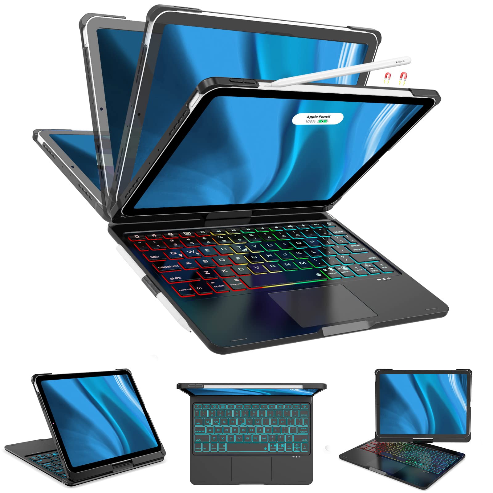 Premium 360° Rotatable Keyboard Case for iPad Air 5th Gen (2022) & iPad Air 4th Gen (2020) - 10.9 Inch Touchpad Case with Backlit Keyboard (7 Colors), Multi-Touch Trackpad & Apple Pencil Holder | Perfect for Work, Study & Travel (Black)