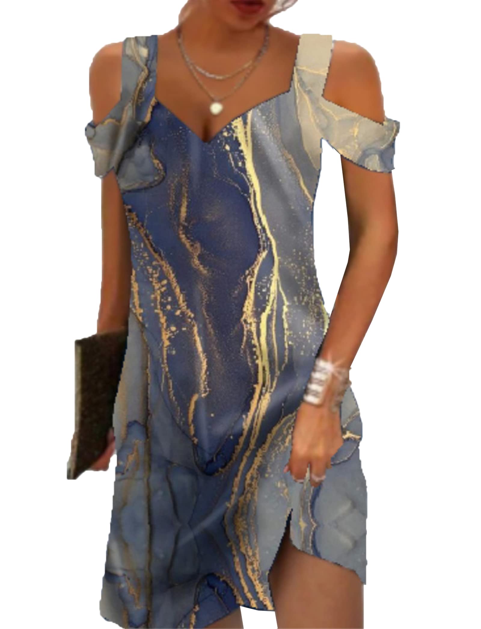 Trendy 2025 Summer Women's Cold Shoulder Boho Floral Print Mini Dress - V Neck, Ethnic Tribal Marble Design for Casual Outings & Beach Vacations