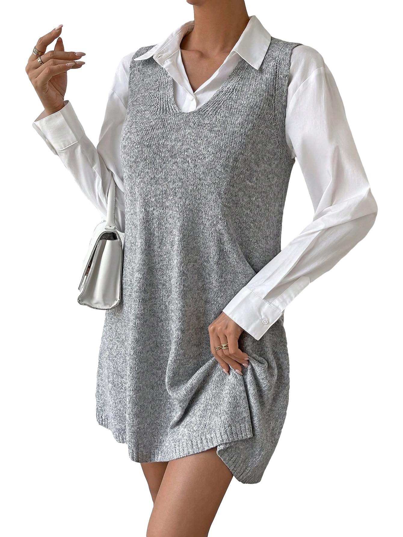 SHENHE Women's Casual Loose Fit V-Neck Sweater Dress - Long Knit Vest Jumper Dress in Grey for Fall & Winter | Perfect for Office, Date Night & Weekend Outfits