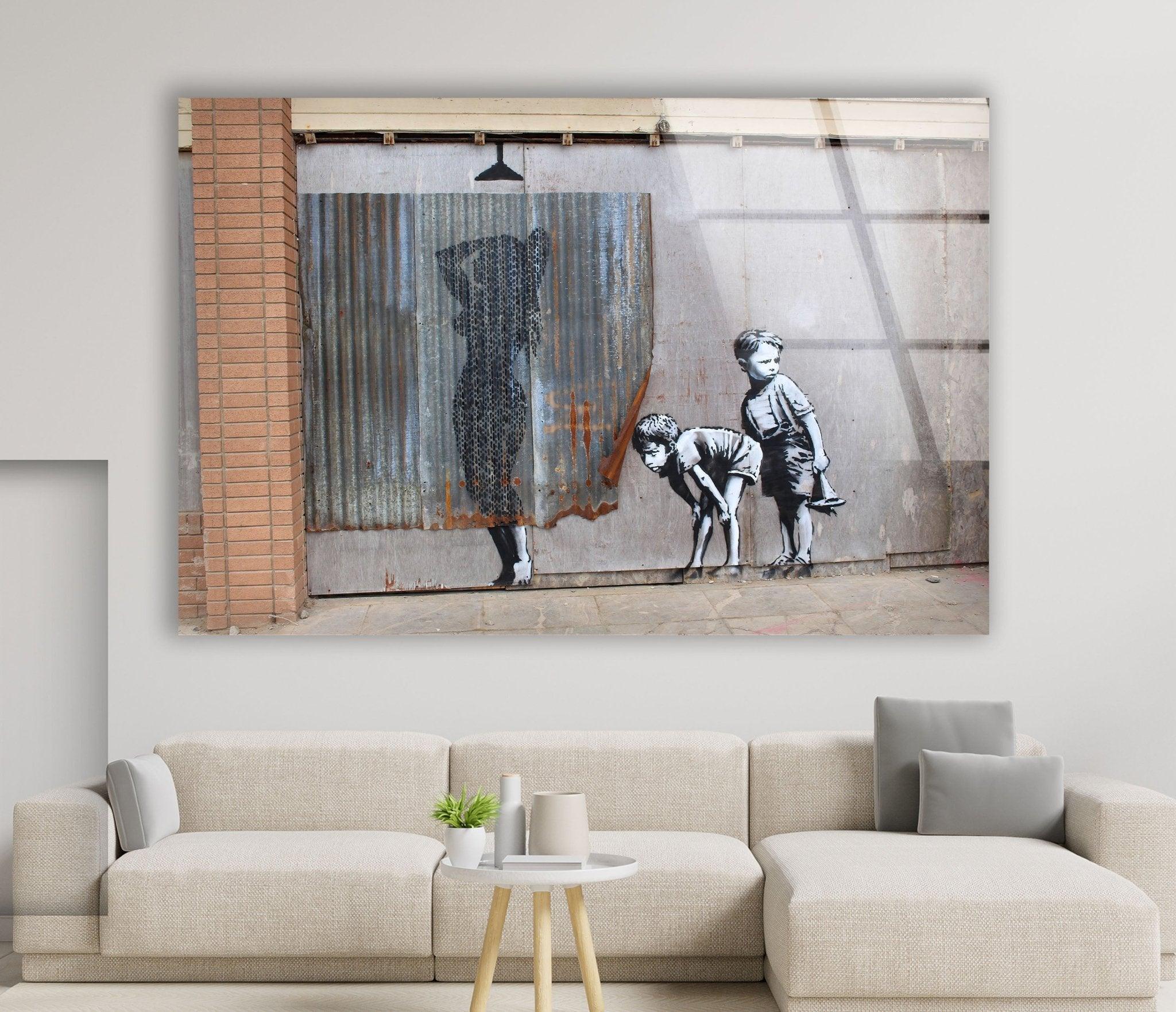 Banksy Shower Peeping Boys Framed Glass Wall Art - Modern Home Decor for Living Room, Bedroom & Office