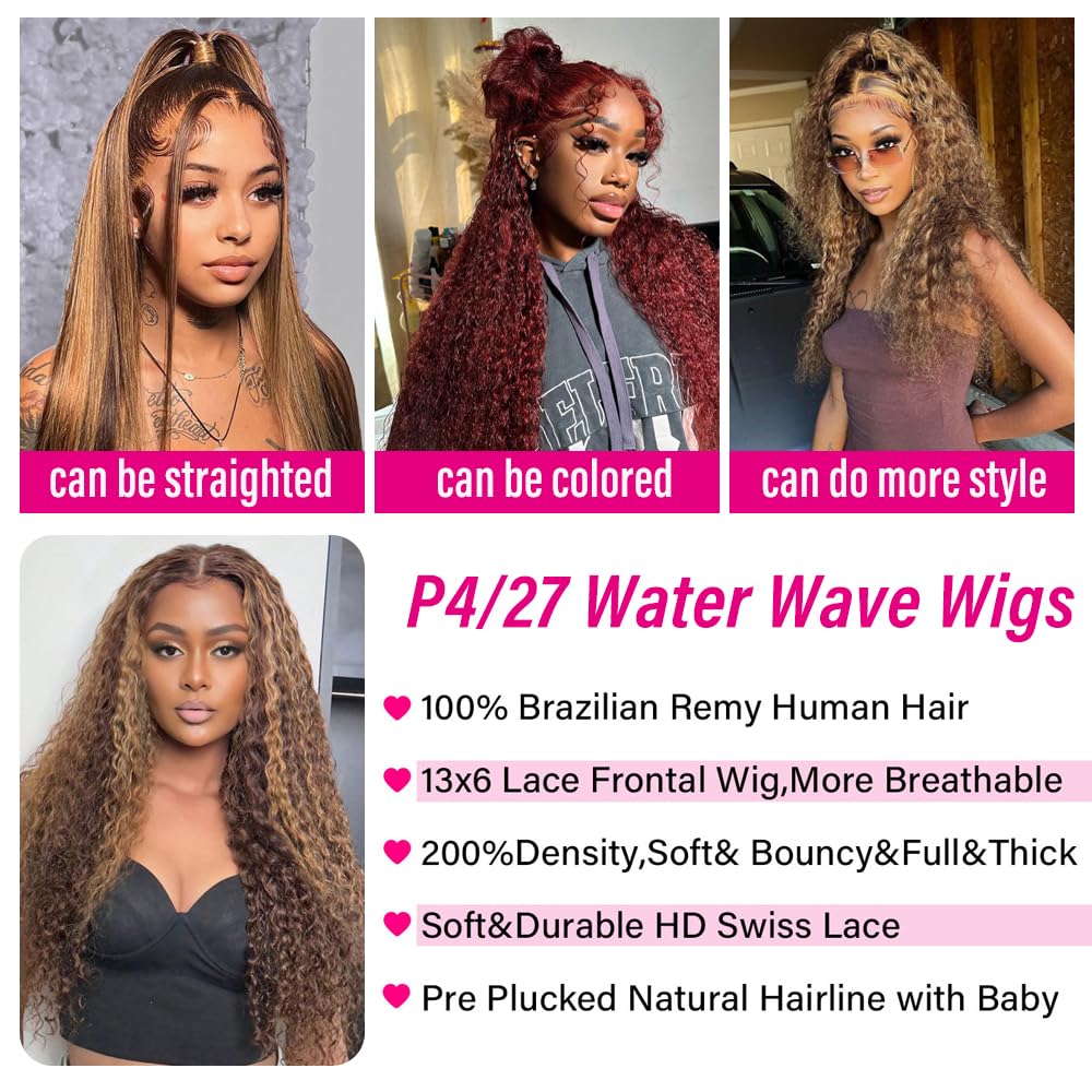 5x5 Water Wave Lace Front Human Hair Wig for Women - 180% Density HD Lace Closure Wig with Baby Hair, Pre-Plucked, Wet & Wavy Honey Blonde Curly 18 Inch - Perfect for Daily Wear, Parties, and Special Occasions