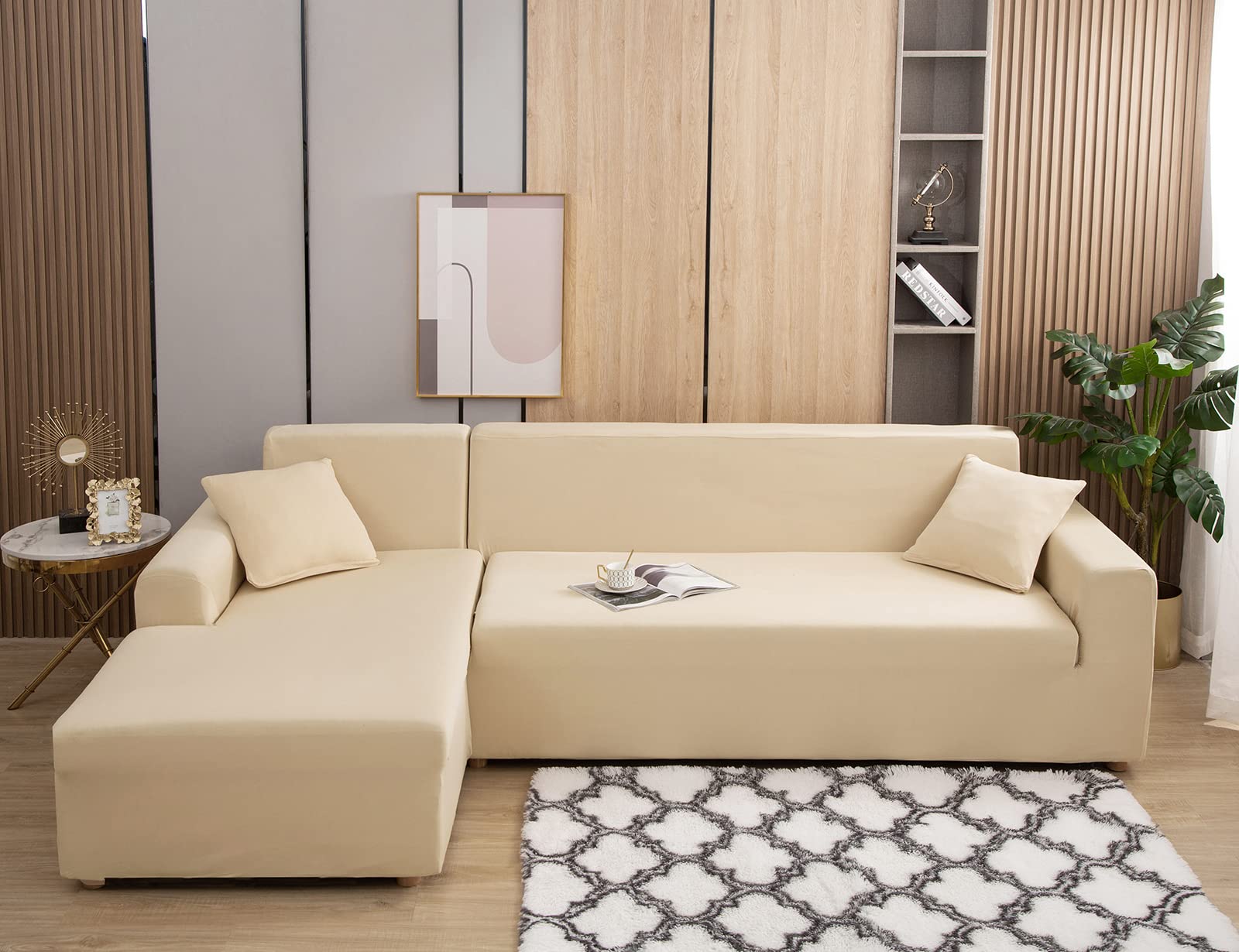 Stretchable 3-Seat L-Shaped Sectional Sofa Cover - Soft Washable Couch Slipcover, Furniture Protector (Beige) for Living Room, Family Room & Home Theater