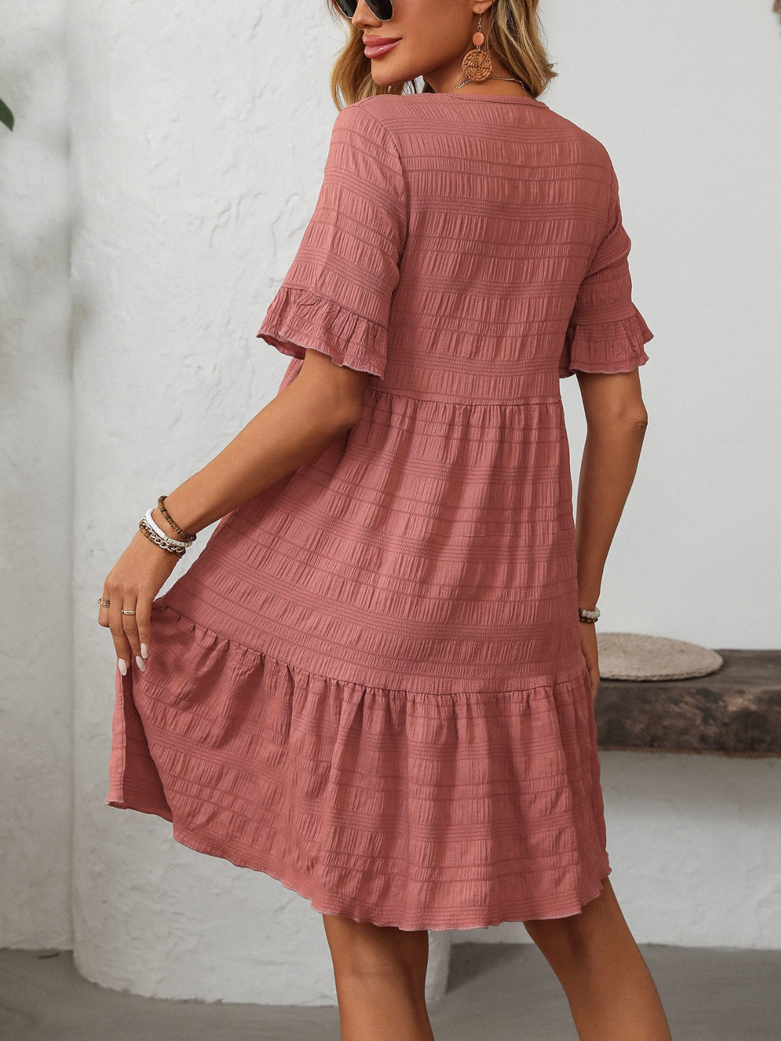 Mandy Women's Ruffled Ruched Round Neck Half Sleeve Casual Dress for Summer, Party, and Date Night