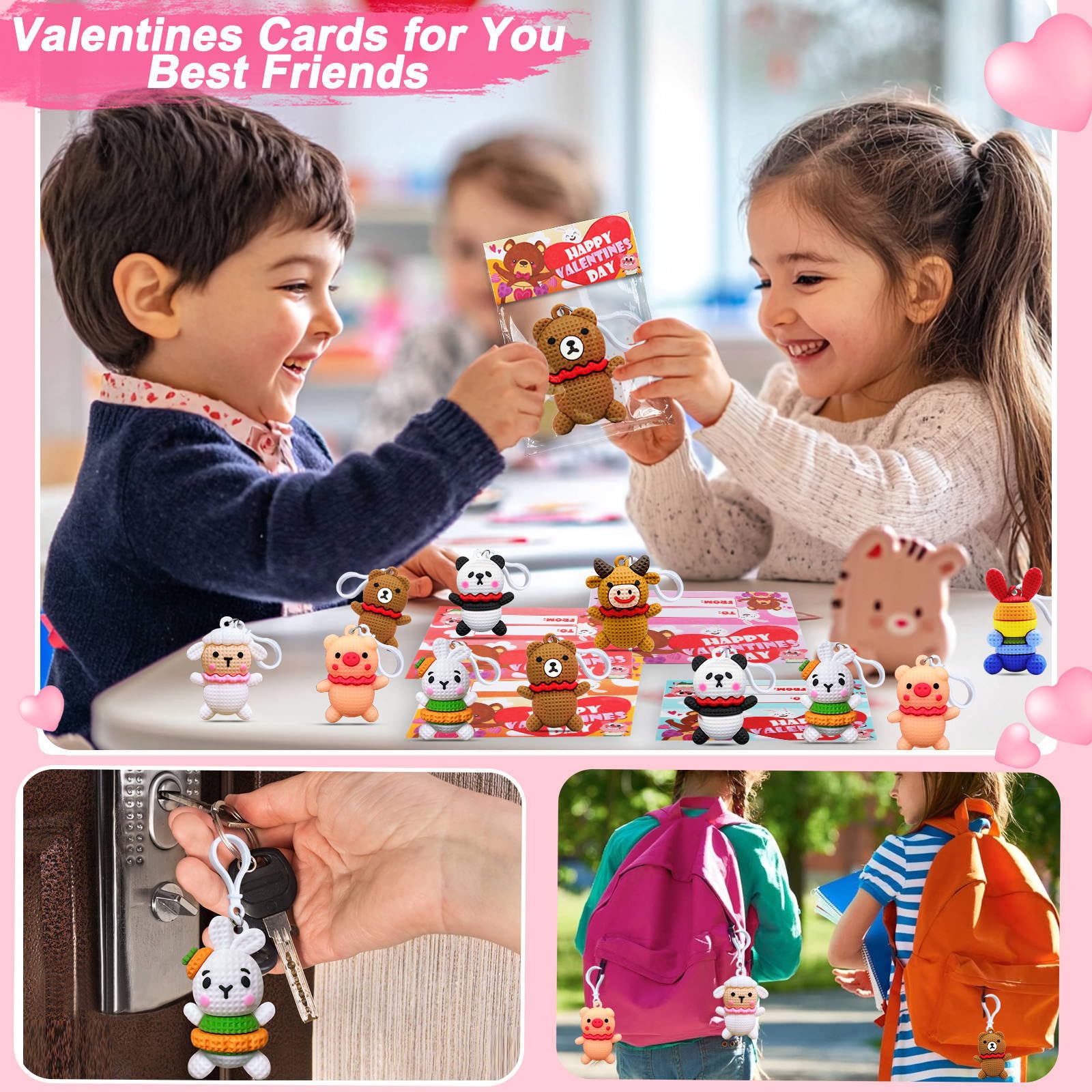 AMENON 28 Pack Valentine's Day Gifts for Kids - 7 Styles Prefilled Animal Keychain Toys with Valentine's Cards for Classroom Exchange, Party Favors (Perfect for School Valentine's Day Parties & Gift Exchanges)
