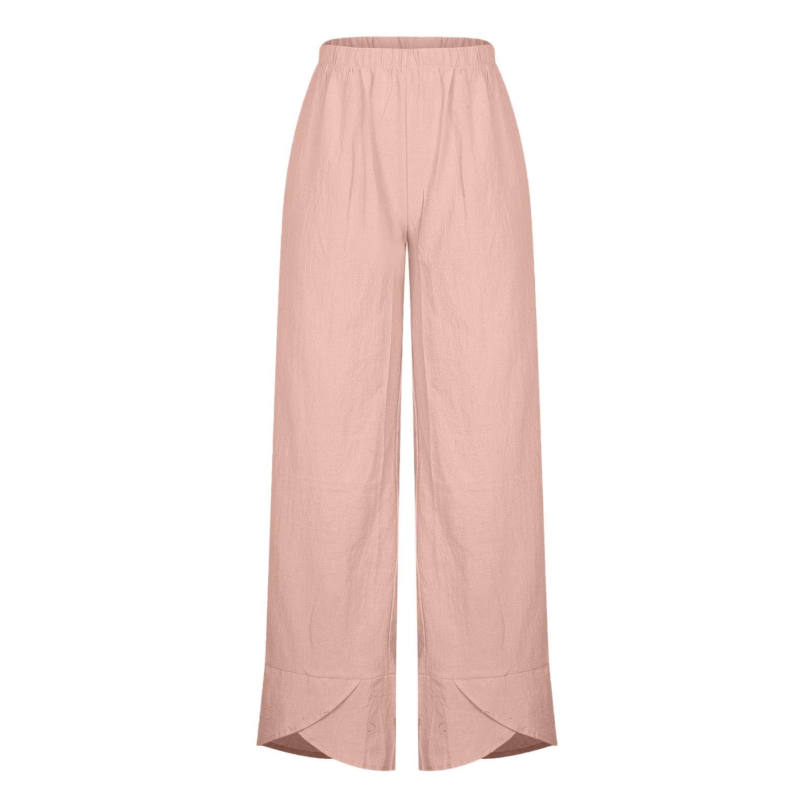 SEAOPEN Women's Cotton Linen Palazzo Pants - Elastic Waist Wide Leg Capri Pants, Casual Loose Beach Trousers with Pockets (Pink, Large) | Perfect for Summer, Vacation & Boho Style Outfits