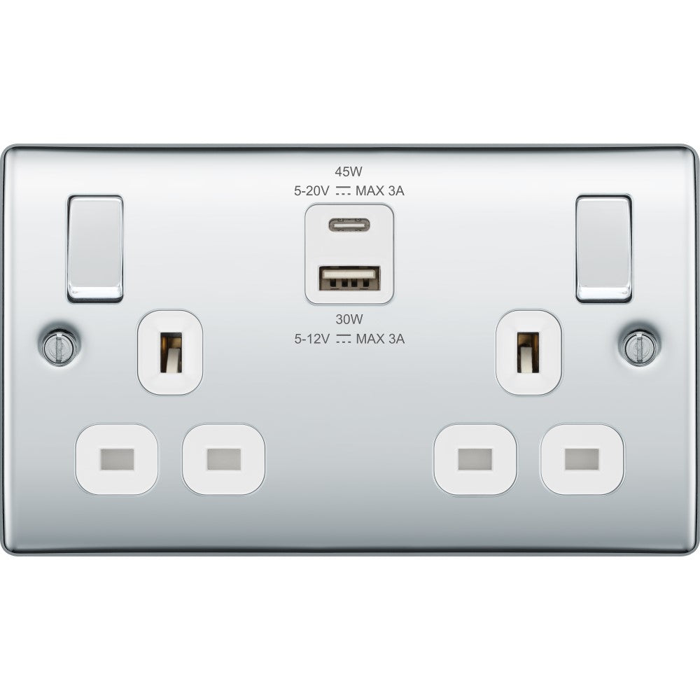 BG Nexus 13A Double USB Socket - 45W A+C Ports, Polished Chrome Finish - Perfect for Home, Office & Hotel Charging Needs